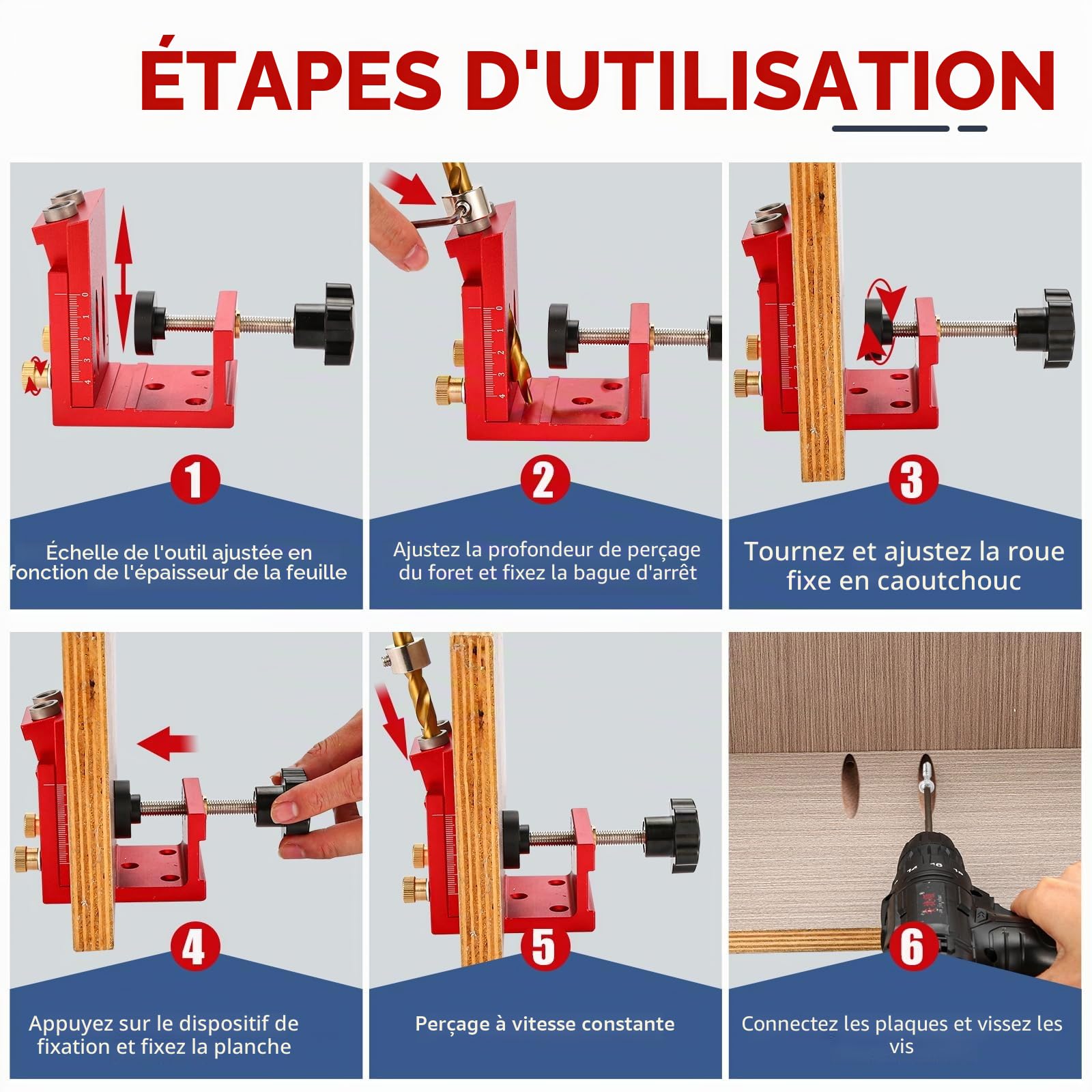 Idong Kit de Gabarit de Trou de Poche Profondeur Réglable, Gabarit de Percage Oblique pour Travaux de Menuiserie Meuble en Bois, Positionneur de Trou Oblique pour Travail du Bois