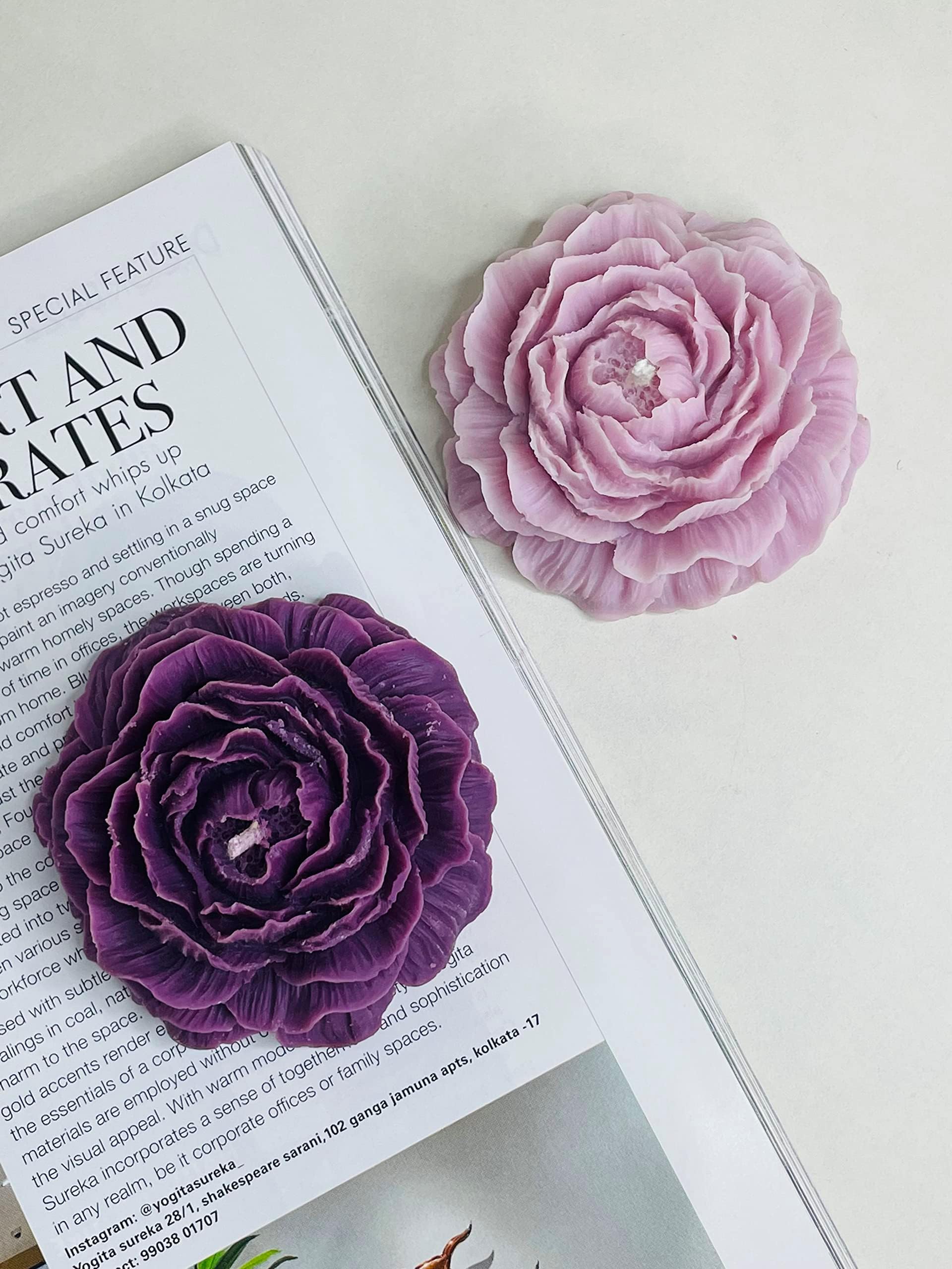Peony Flower Candles | Blackcurrant & Fog Color | Blackcurrant & Lavender Scented | Valentine & New Year Gifting Party Decoration | 100% Soy Wax, 75gm Each (Pack of 2)
