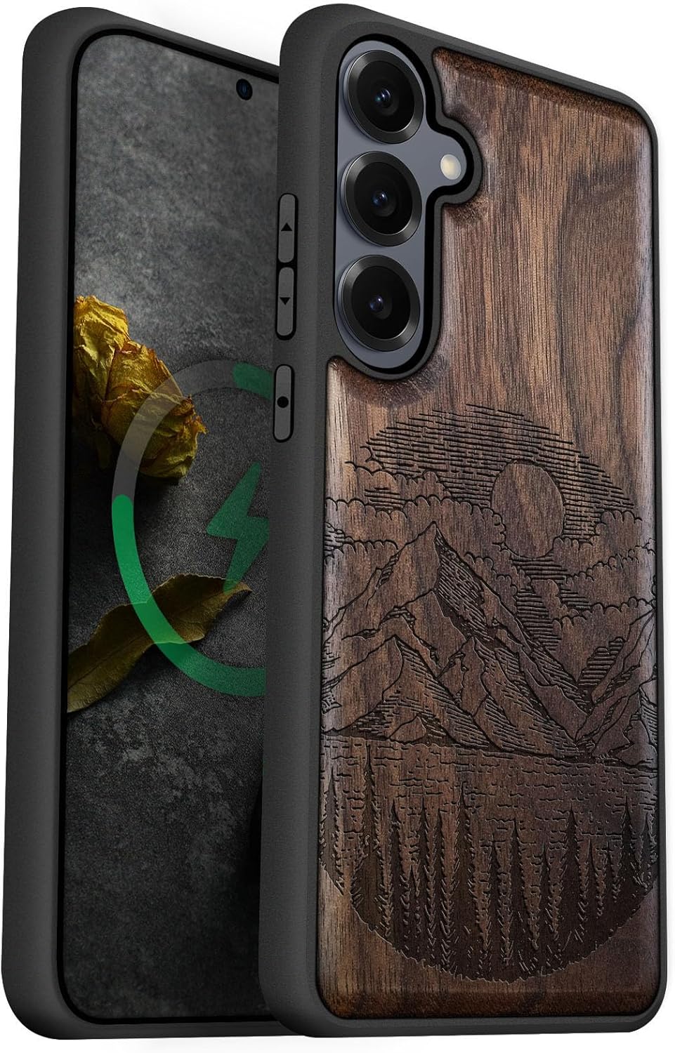 Carveit Magnetic Wooden Case for Galaxy S25+ Samsung S25 Plus Case, TPU Shockproof Cover & Wood Engraved, Compatible with MagSafe Wireless Chargers (Alpine Lakes) Walnut