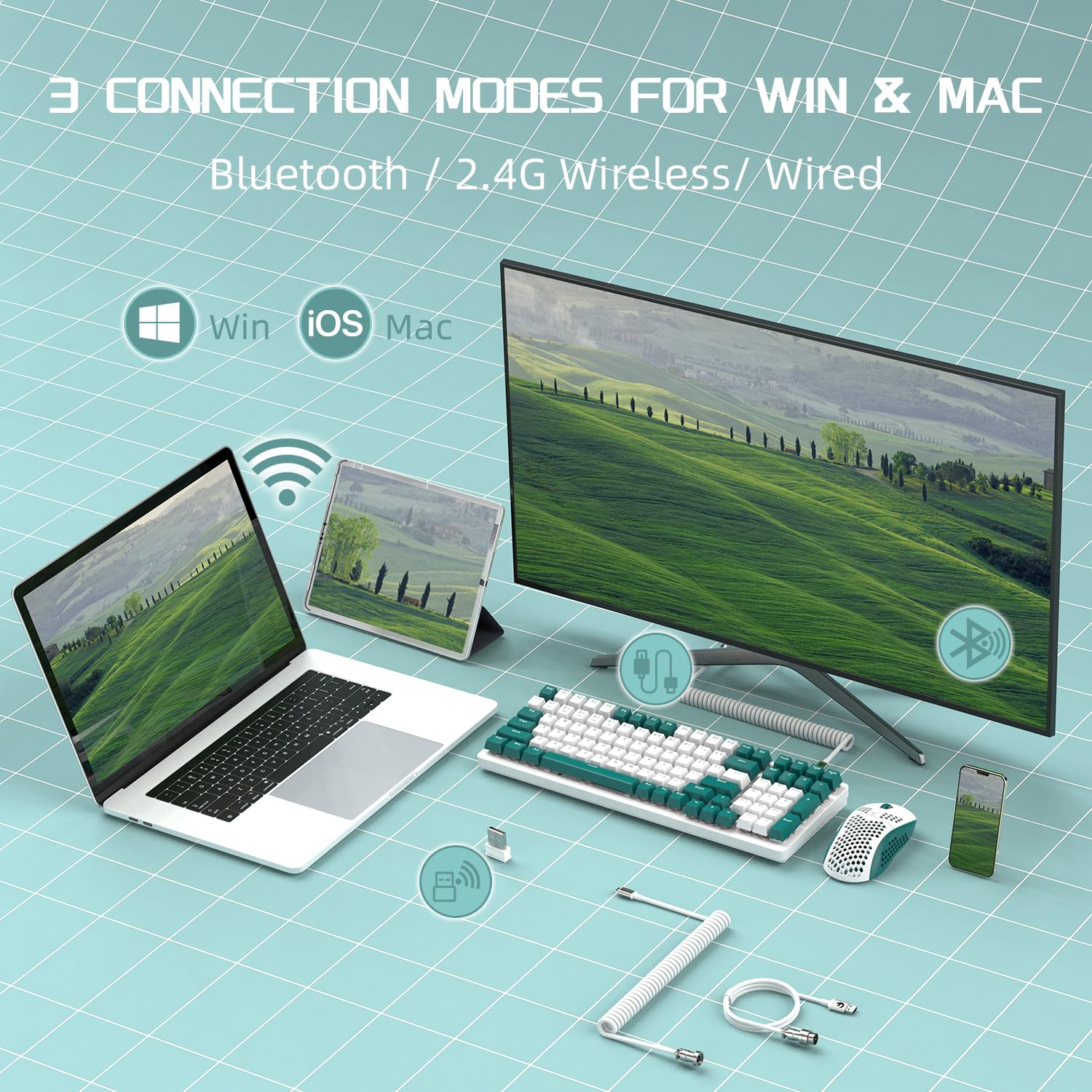 MAMBASANKE K6 Pro 96% 3 tryby Mechaniczna klawiatura do gier Hot Swap 4000 mAh 2,4 Ghz/Bluetooth 5.0 / Klawiatura przewodowa ze spiralnym kablem USB Type-C 9 RGB Niebieski przełącznik-zielony