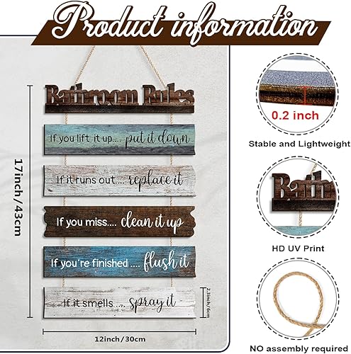 Miniatura 2 de Reglas de baño, decoración de pared rústica de madera, arte de pared divertido para baño, letreros de baño, decoración para colgar para casa de