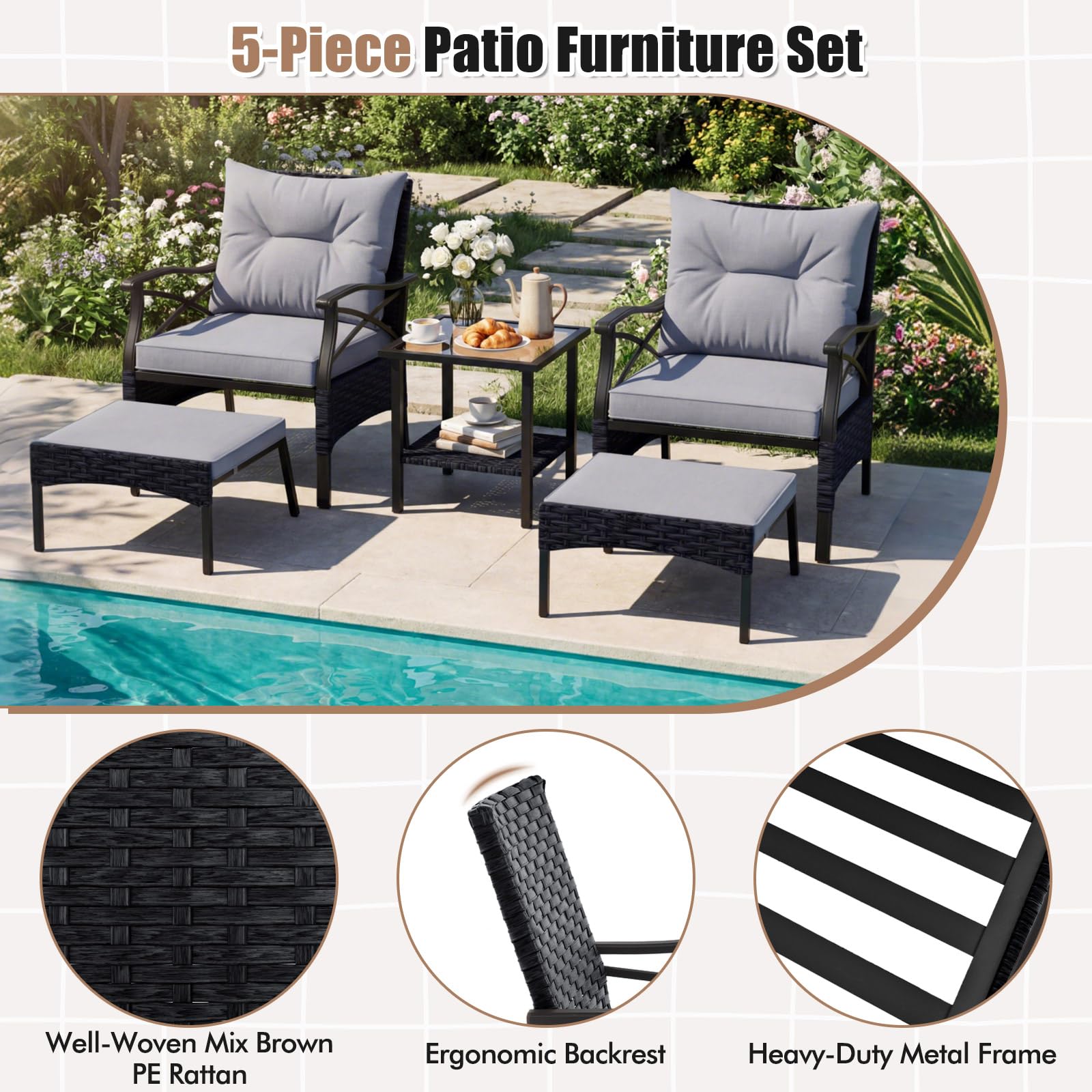 LIFEZEAL Salón de jardín exterior de ratán PE, juego de jardín exterior, 5 piezas, 2 sillones con cojines y 2 reposapiés, mesa de cristal con un estante, sillones, para terraza y patio (gris)