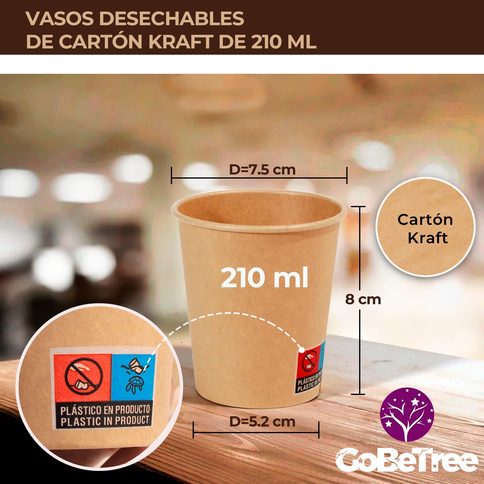 100 Vasos Desechables de Cartón Kraft 210 ml / 7 oz. Resistentes, A Prueba de Fugas. Ideal para Café, Té y Bebidas Refrescantes.Sin Olores. Vasos Kraft