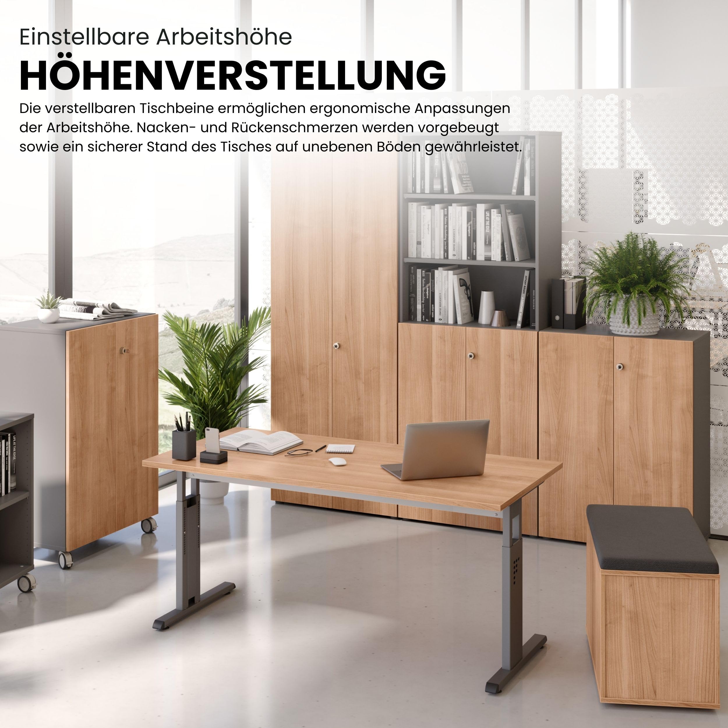 Bümö höhenverstellbarer Schreibtisch O-Serie 160x80 cm in grau, Gestell in Silber - PC Tisch für's Büro manuell höhenverstellbar, Computertisch verstellbar