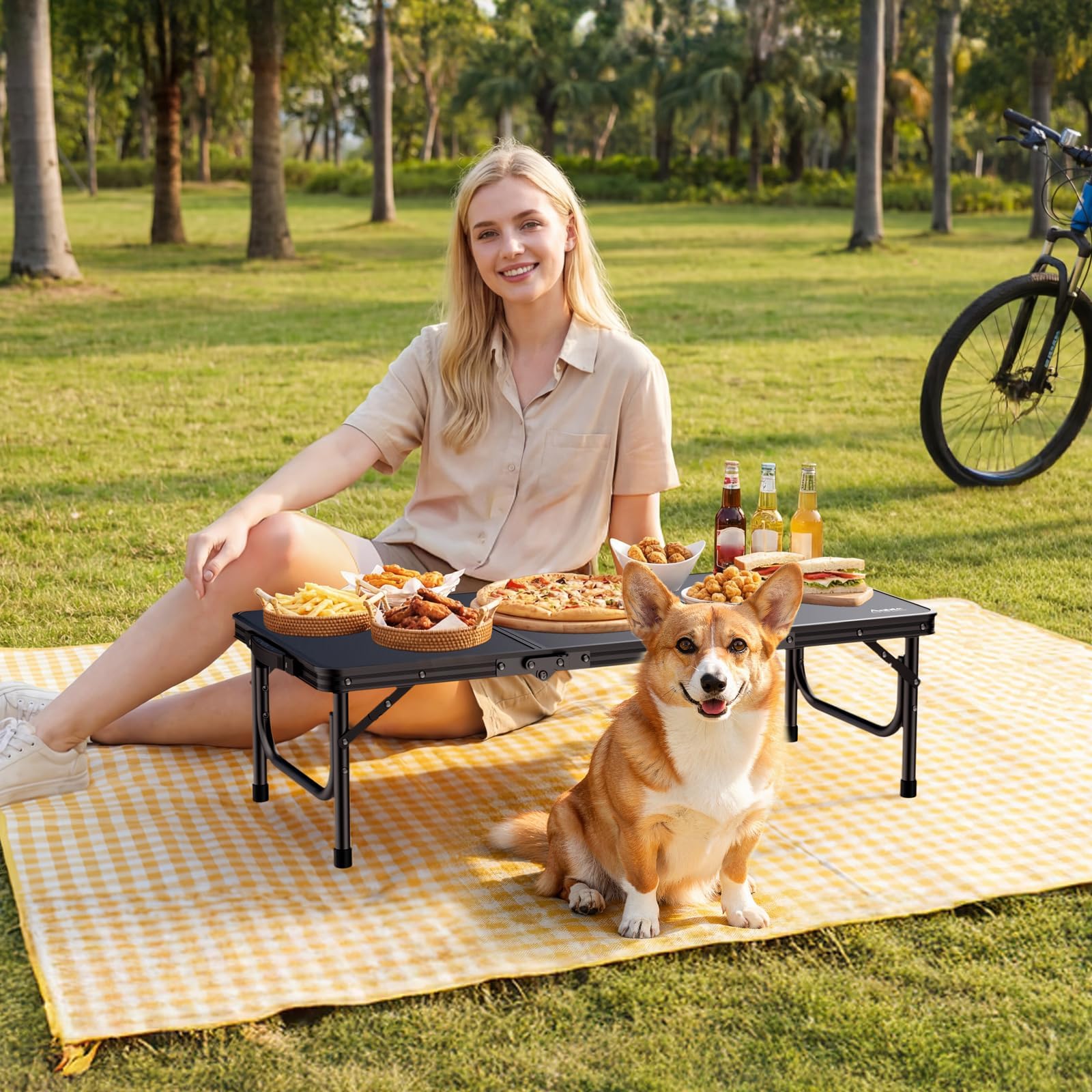 Anbte Table de Pique-Nique Pliante Basse 87x40x26cm, Noir | Aluminium Renforcé avec Sac de Rangement, Poignée Portable, Légère, Supporte jusqu'à 30 kg, pour Camping, Plage, BBQ