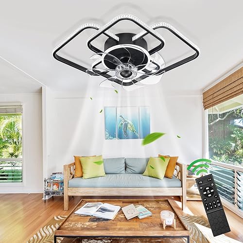 Miniatura 1 de Ventiladores de techo de 27 pulgadas con control remoto de luces, moderno ventilador de techo de montaje empotrado con luz LED geométrica regulable,