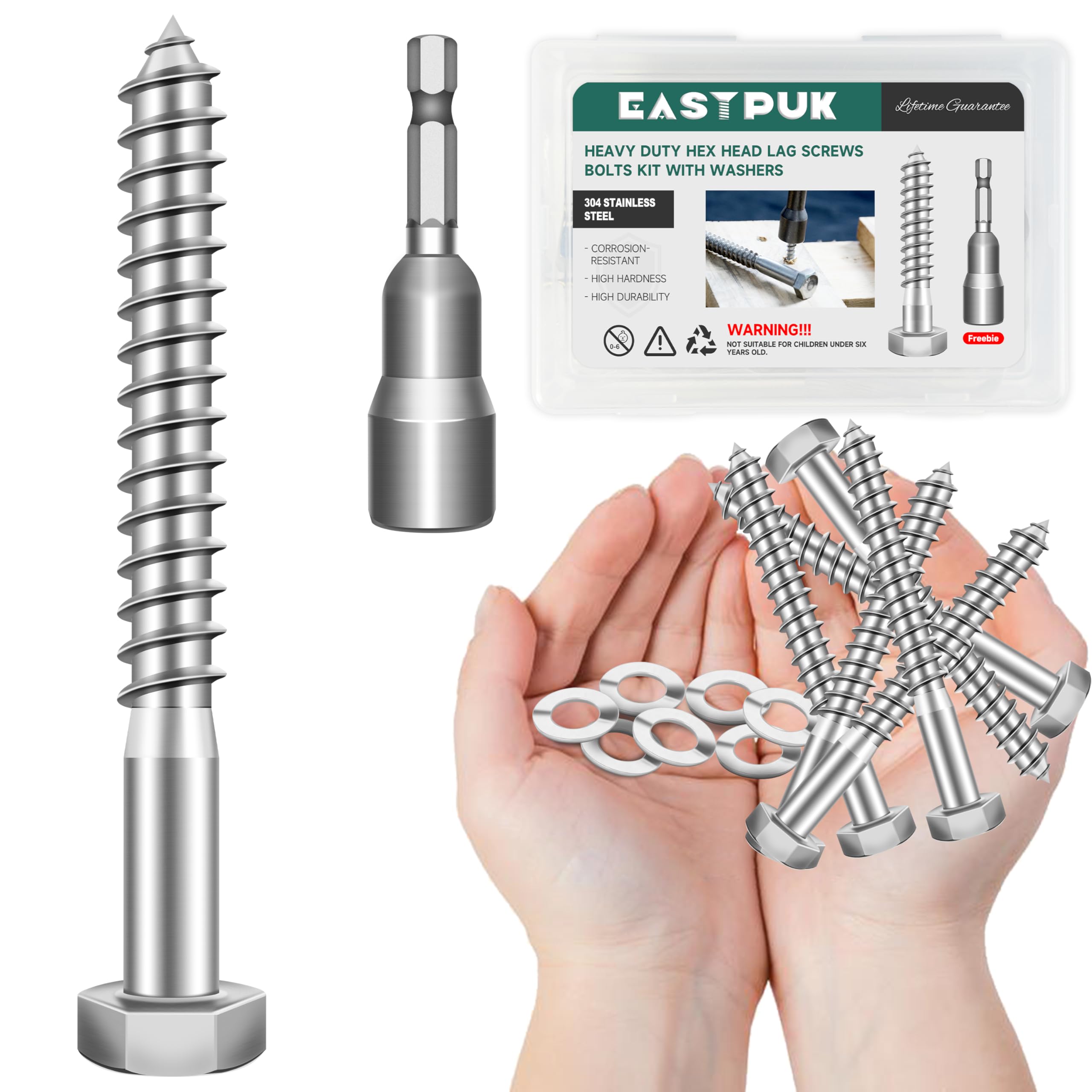 Stainless Steel Lag Screws - 8 Pack, 3/8" x 4" -27
