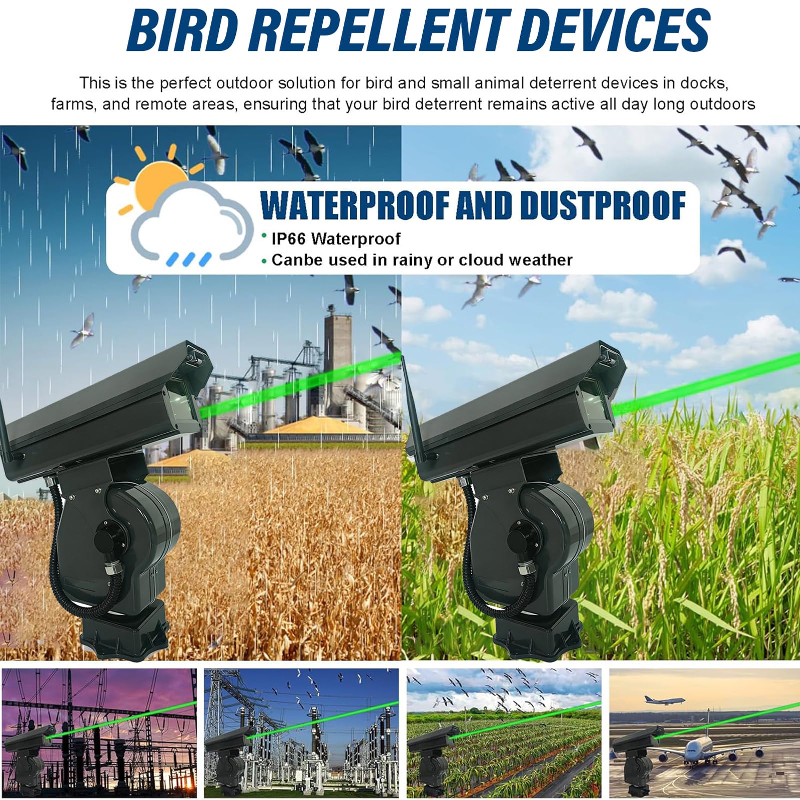 Dispositivo Láser para Ahuyentar Pájaros, Espantapájaros Láser Automático, IP66 Impermeable y Control por App – para Frutales, Granjas y Aeropuertos, para Palomas y Estorninos