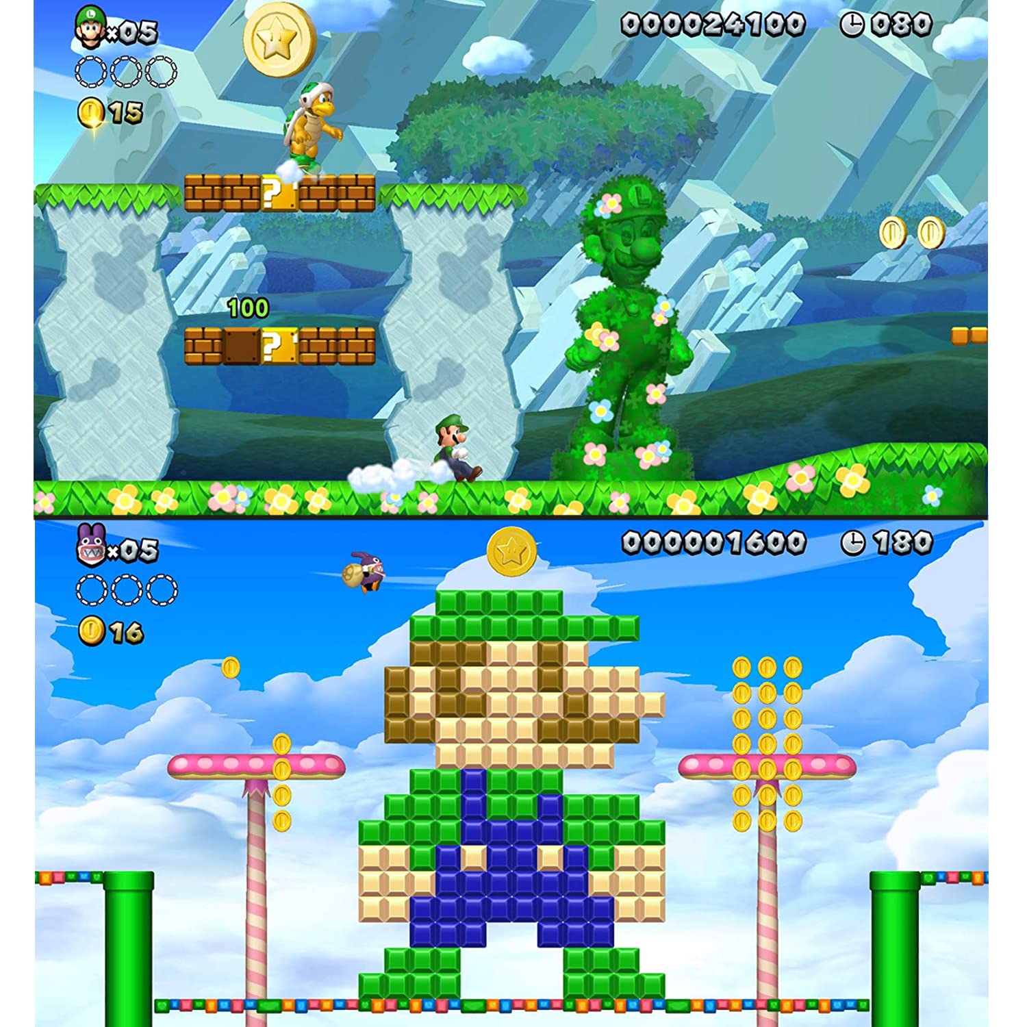 Super Mario Bros. U Deluxe per Nintendo Switch (versione USA), con impugnature PremGear (confezione da 8 - nero, blu, rosso e trasparente), porta carte da gioco a 24 slot e panno di pulizia