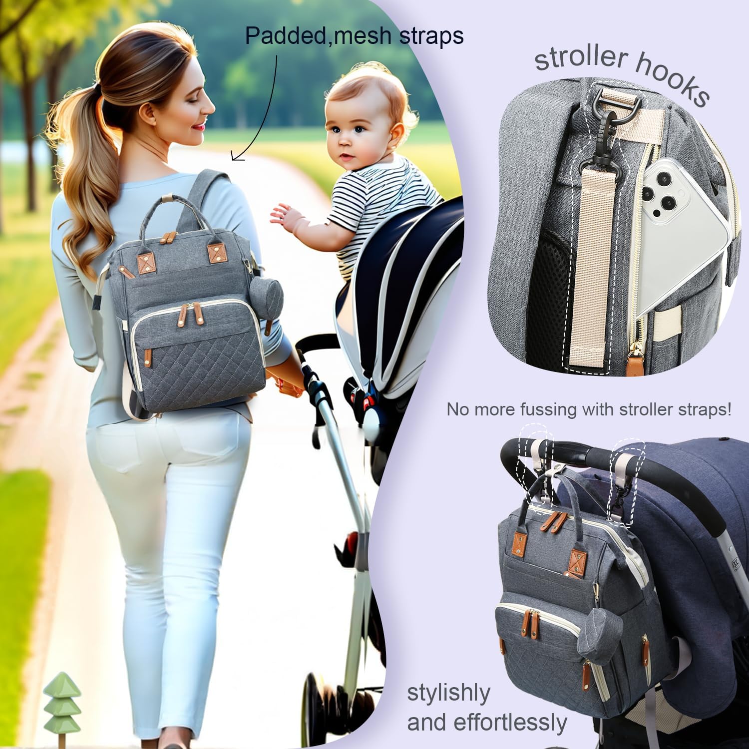 Diaper Bag Backpack with Changing Pad – Large Capacity, 16 Pockets, USB Port, Waterproof Travel Backpack for Mom & Dad – Bonus Pacifier Case - Gray