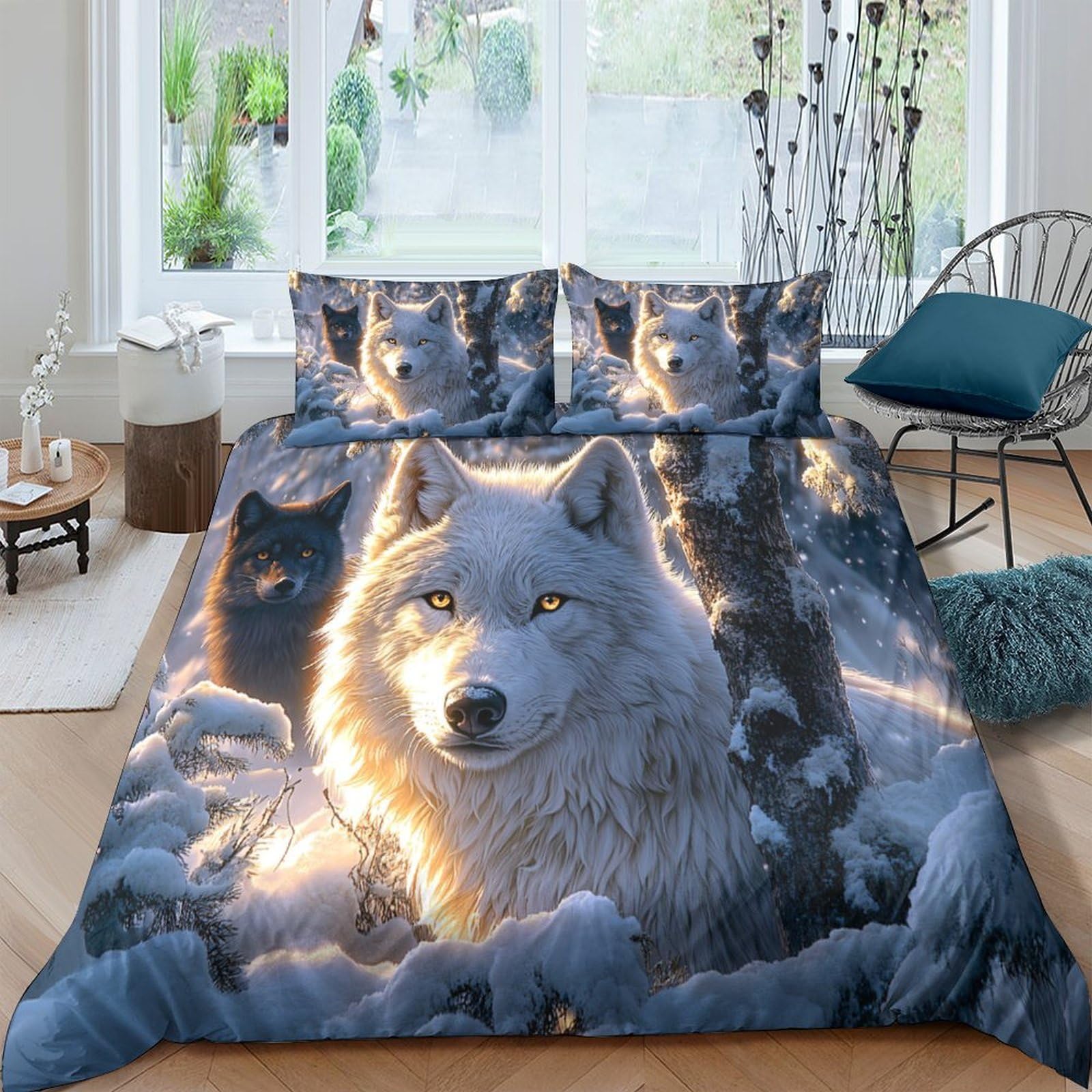 TUFRTGYHN 3D Printed Wolf Forest Duvet Cover Microfiber Soft Breathable Moonlight Bedding Set with 2 Pillowcases for Bedroom Decor Single（135x200cm）