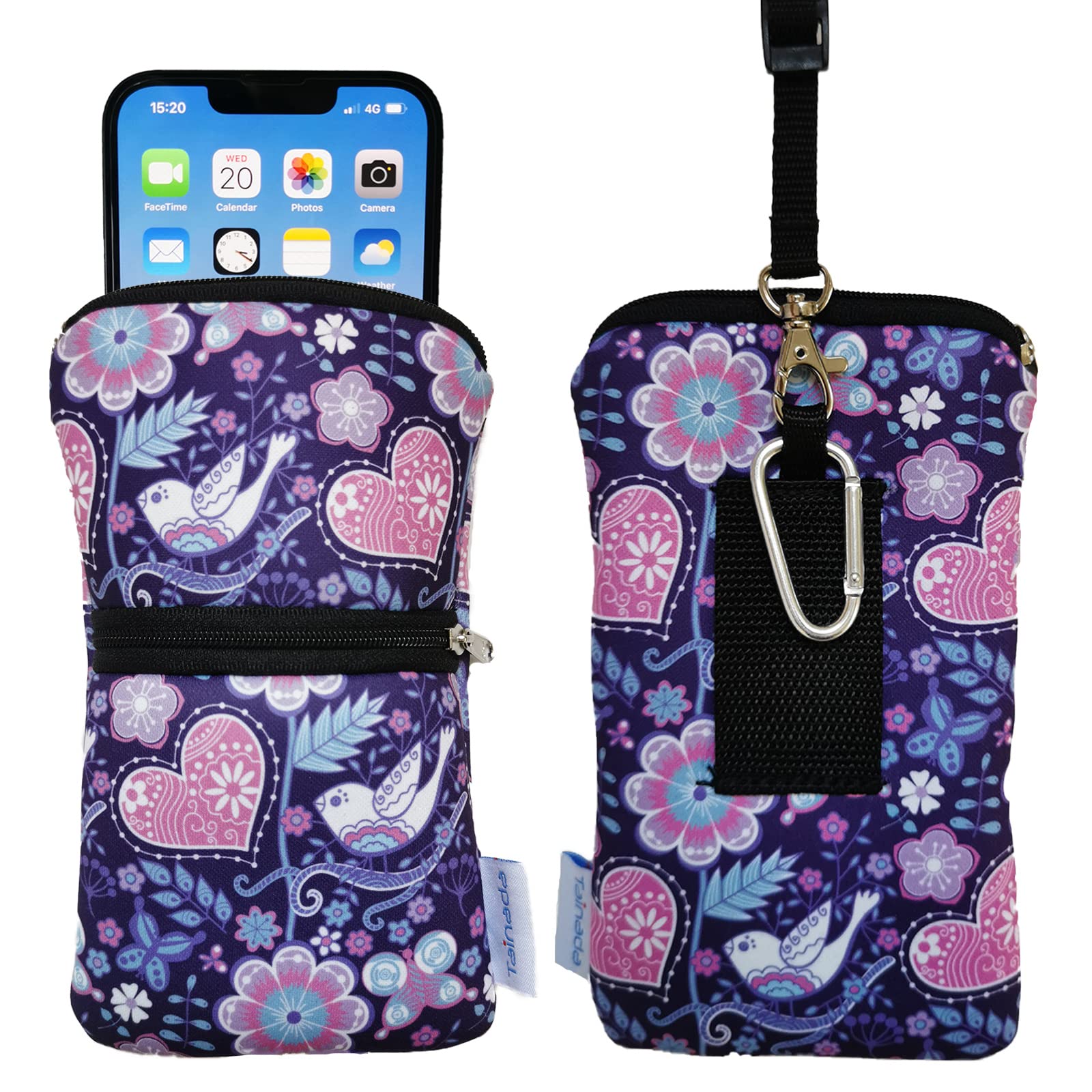 Tainada Dual Zipper Neck Phone Holder Pouch Bag w/Belt Loop (Purple Floral) | For Women; Water-resistant neoprene shockproof lightweight cellphone pocket carrier w/clip; Compatible with most smartphones