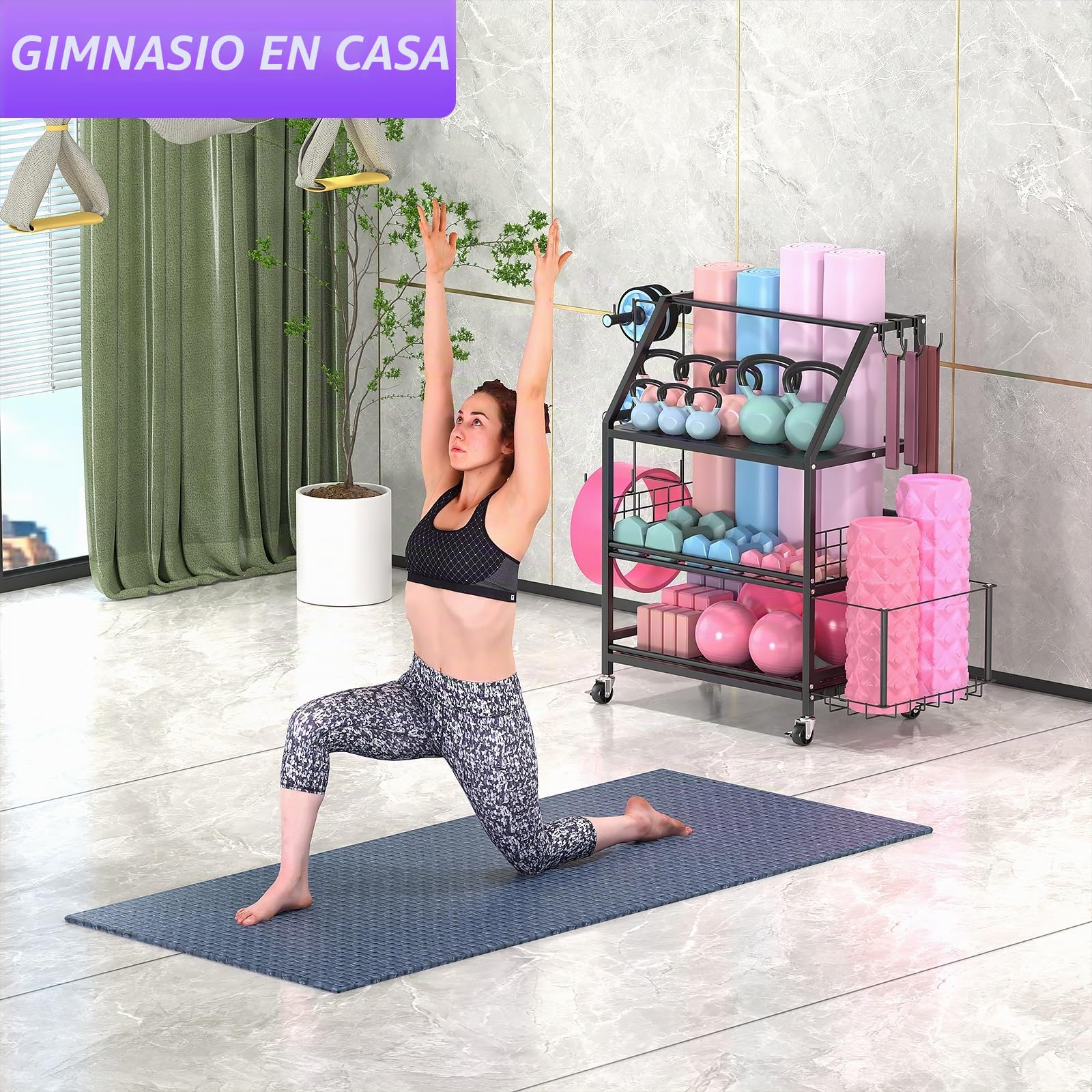 Soporte Para Pesas Gym En Casa, Organizador Gimnasio, Soporte Kettlebell, Para Rodillos De Espuma, Esterillas De Yoga, Mancuernas, Pesas Rusas, Con Ganchos y Ruedas Con Cerradura