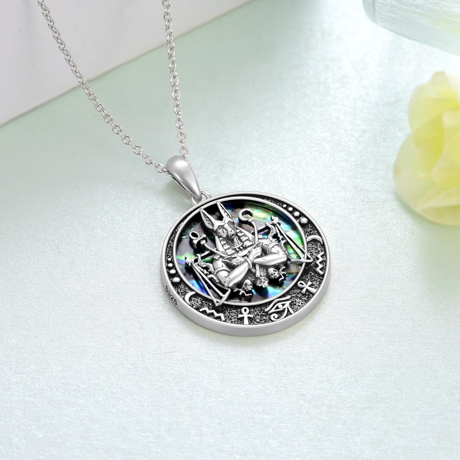TYSO Egyptian Anubis Necklace 925 Sterling Silver Egypt Anubis Pendant Eye of Horus Necklace Abalone Shell Jewelry Gifts for Women - Image 3