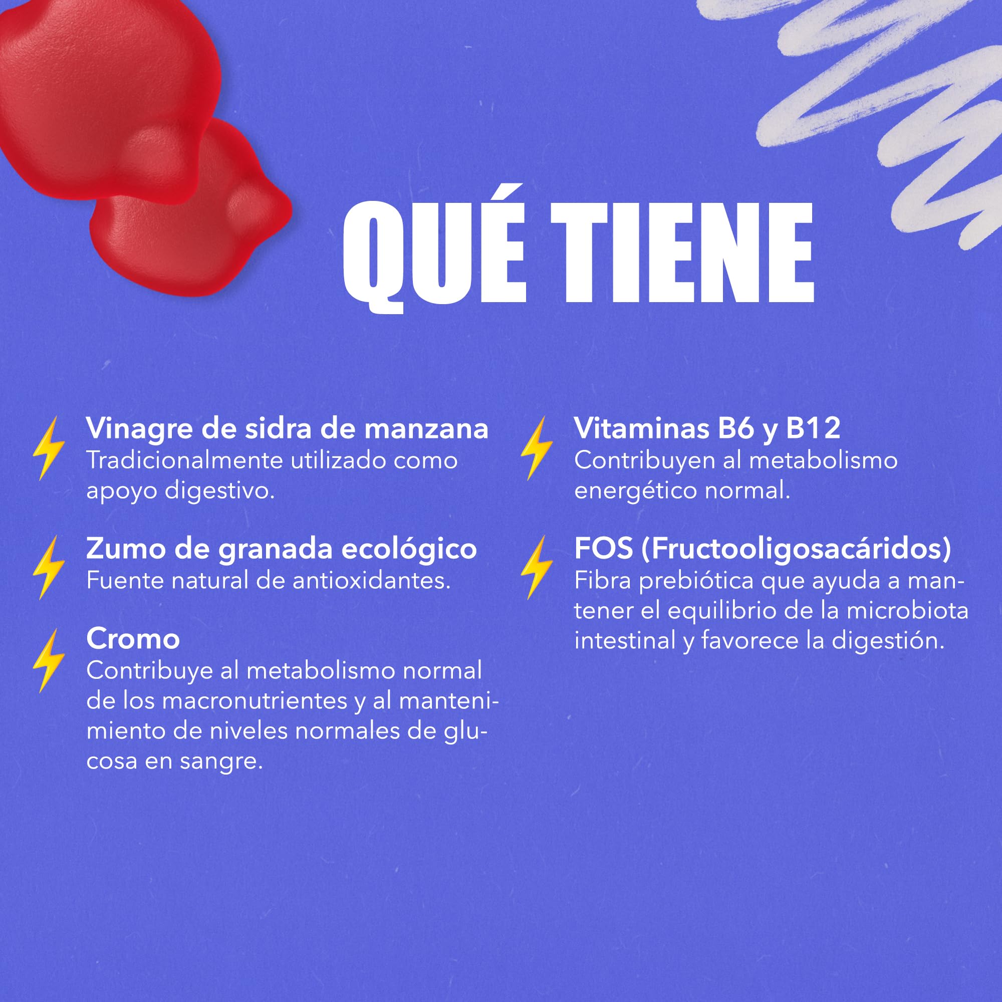 JOY+ - SWEET CONTROL - Gominolas para el Control de Glucosa con Vinagre de Manzana, Cromo, Ácido Fólico, Vitaminas B6 y B12. Sabor Manzana. 60 Gummies. Sin Azúcares añadidos - 3