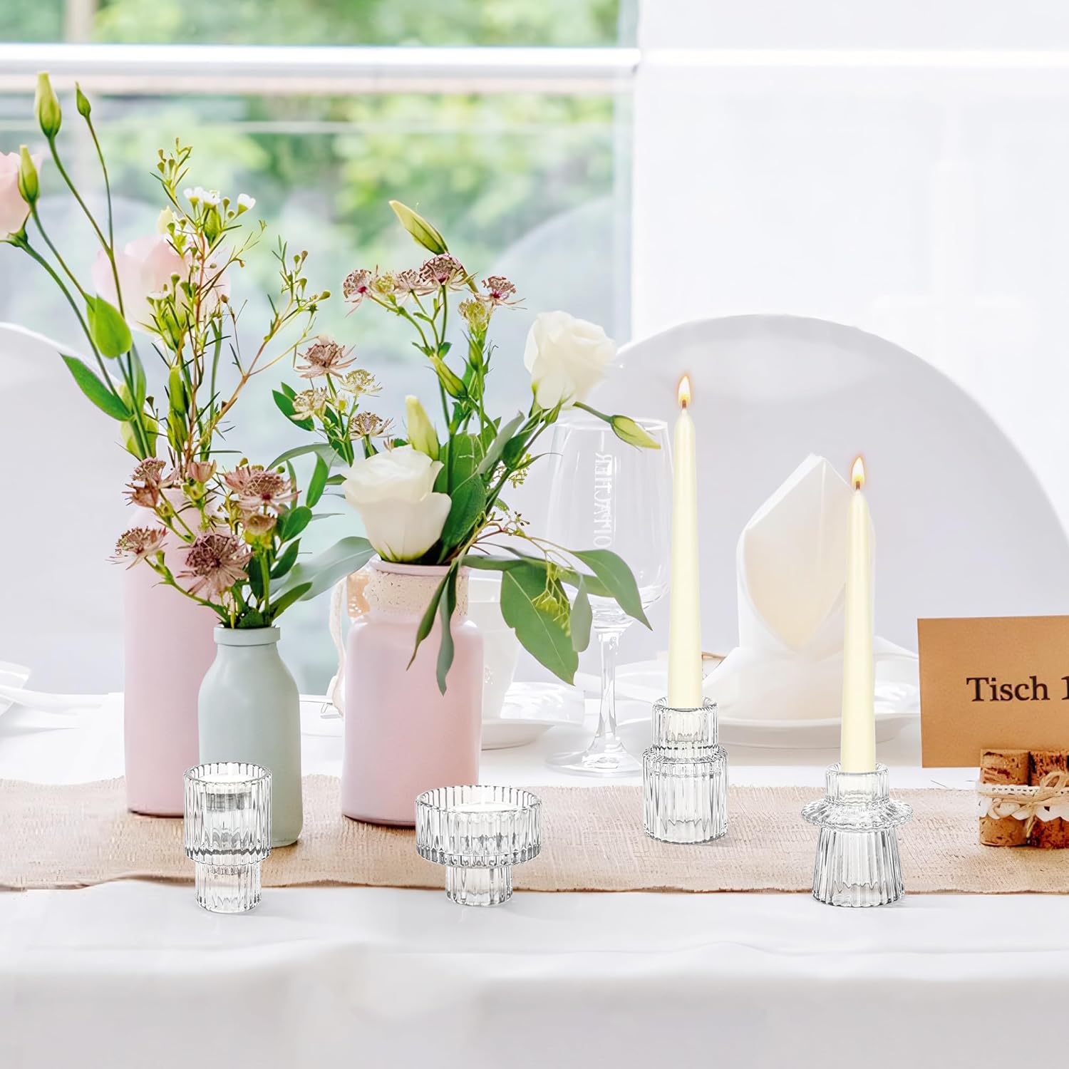 Taper Votive Candle Holder for Pillar Candles Tealight, Candlestick Holder for Wedding Christmas Tea Party, Boho Ribbed Vintage Crystal Glass Table Centerpiece Decor, Bulk Set of 6 (Clear)