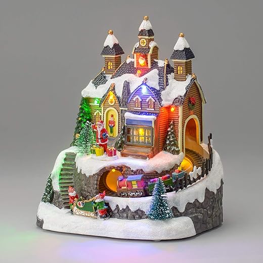 CHRISTOW Christmas Village Scene With Music Animated LED Ornament Battery Powered (Santa’s Workshop)