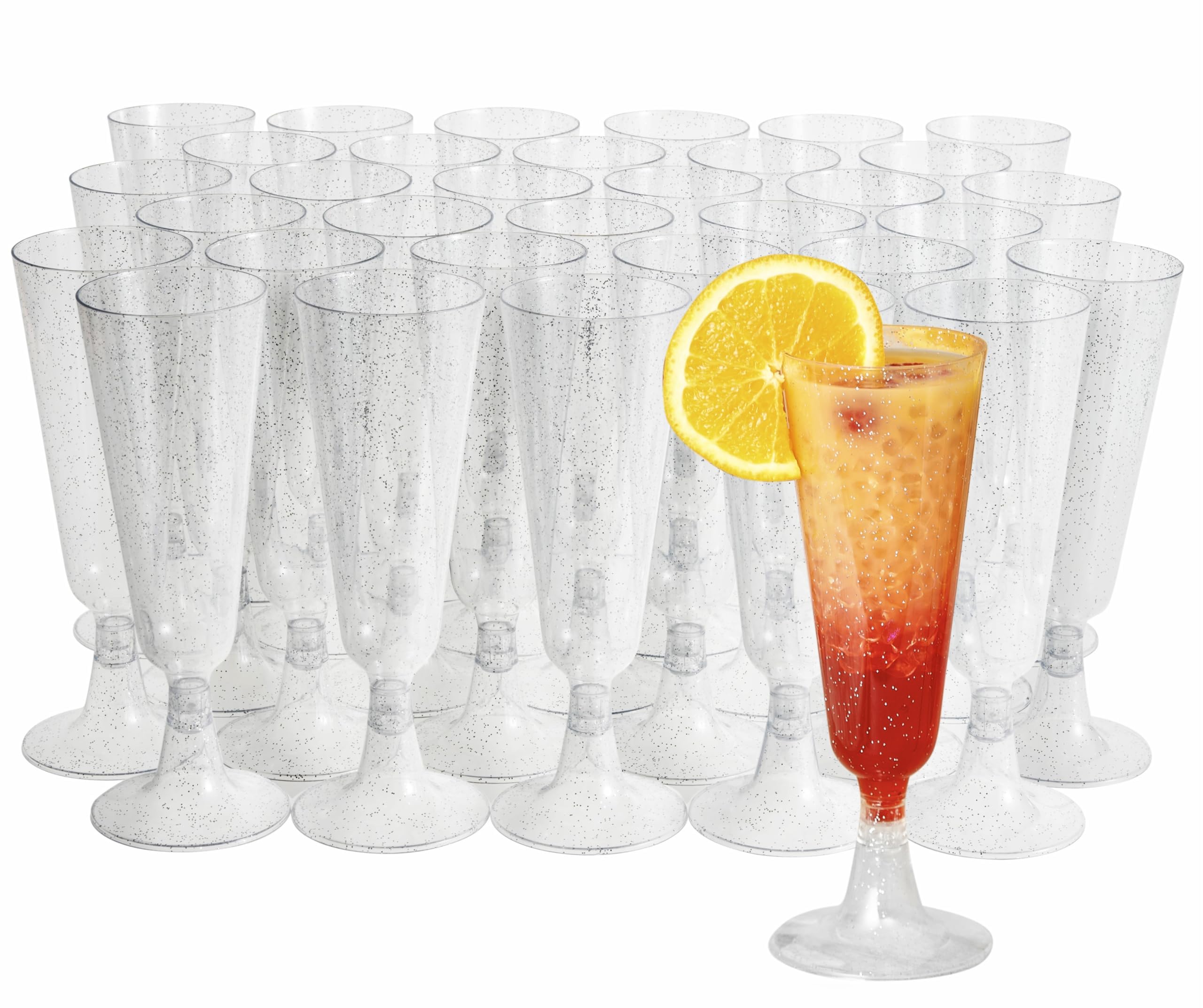 MATANA 200 Premium Elegant Plastic Champagne Flutes with Silver Glitter, 150ml - Reusable Toasting Glasses, Cocktail Prosecco Glasses for Weddings, Birthdays, Christmas, BBQ, Parties