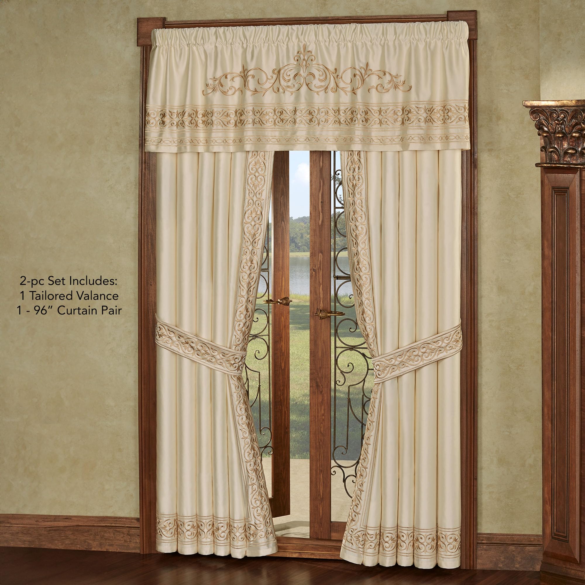 Touch of Class Versailles Luxury Window Treatment | Classic Neutral Pearl | Palace-Inspired French Style Golden Scrollwork Embroidery | Designed Drapery Set: Tailored Valance and 96L Curtain Pair