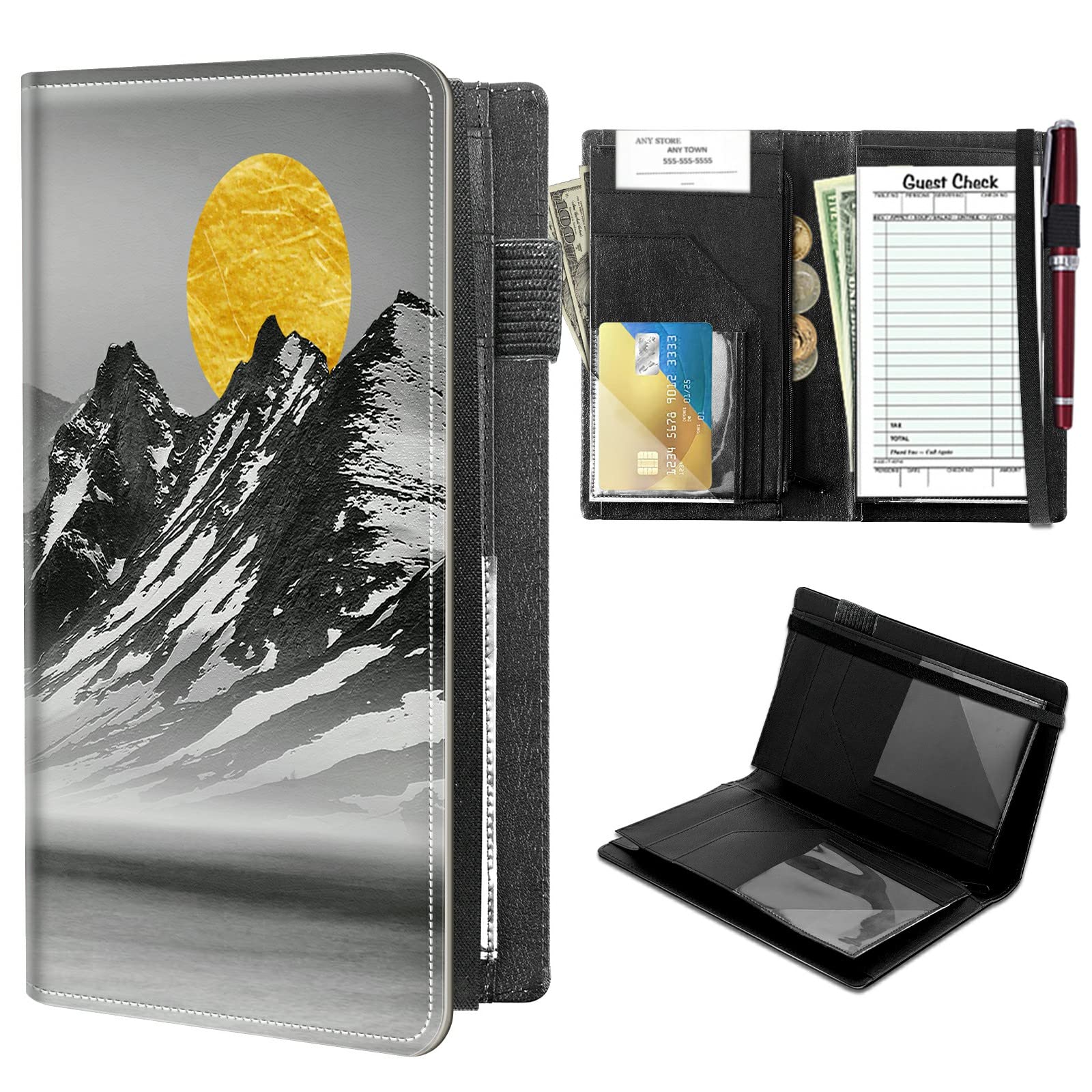 High Volume Server Books, Mountain Sunrise Server Book w/ 2 Expandable Pockets 9 x 5 Cute Waitress Book Zipper Pocket & Strap Closure Waitstaff Organizer Server Booklet Waiter Money Wallet