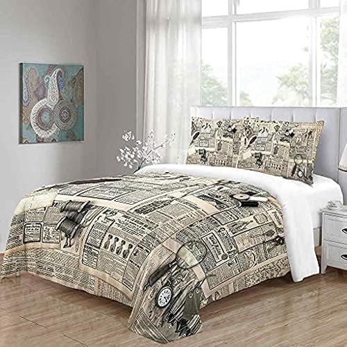 HaNduo Juego de funda de edredón tamaño Queen y doble, 3 piezas, estampado en 3D, patrón de periódico vintage, funda de edredón de microfibra suave