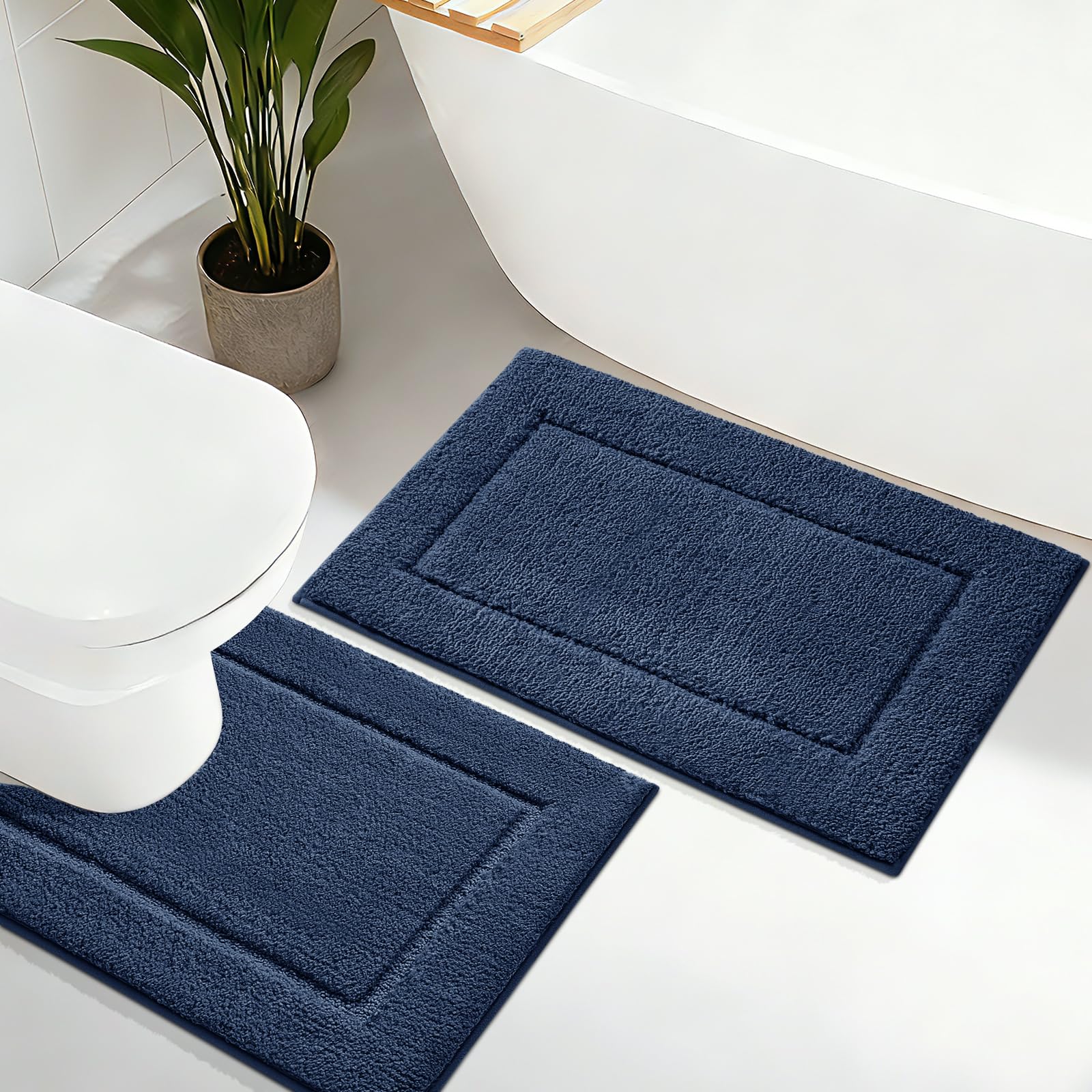 IM HOME Navy Blue Bathroom Rugs Sets 2 Piece, Ultra Soft Plush Fluffy Microfiber Absorbent Bath Mat, Non-Slip Backing, Machine Washable Bath Mats for Bathroom (24"x17" + U Shape 24"x20")
