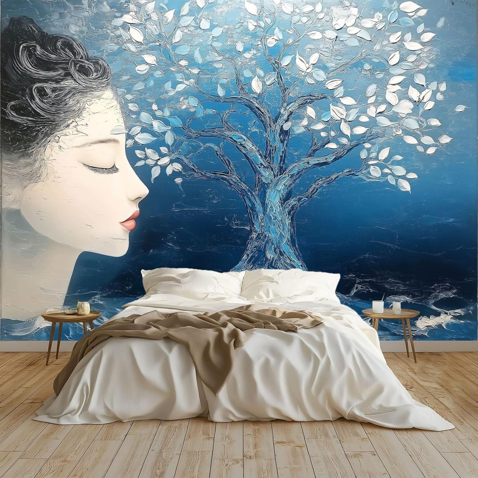 Hgjdjhnf 3D Mural Photo Wallpaper Blue Tree Woman Face Wallpaper Non-Woven Wall Decor Wallpaper Wallcovering Decoration Study Room Living Room Restaurant Cafe, Dark Blue, 150Cm X 105Cm Stickers - Frameless Painting - P