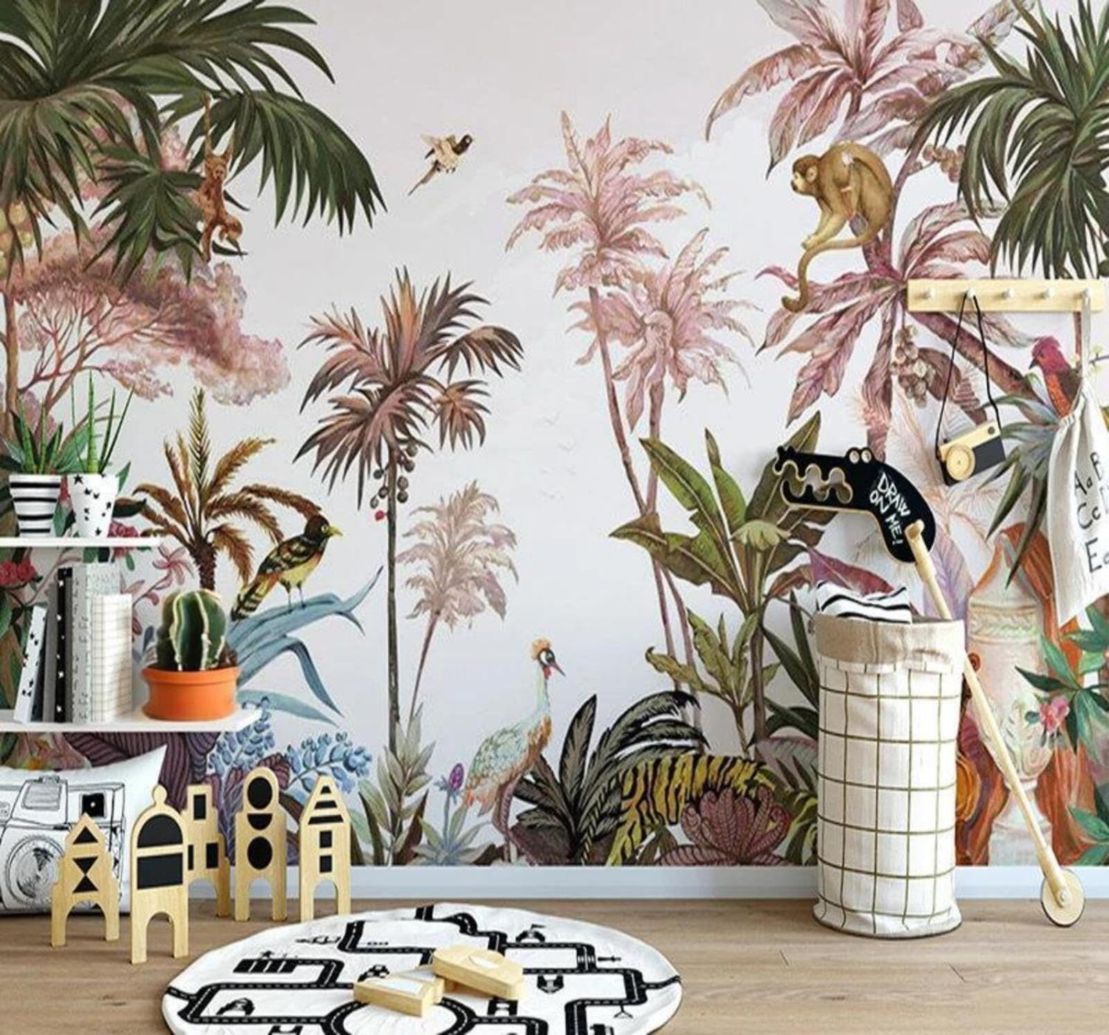 Wallpaper-3D-Xlm 250Cm×170Cm(B×H) Tropical Jungle Flowers Animals Scenery 3D Wallpaper Easy Install Feature Office Living Room Sofa Bedroom Tv Background Wall Decoration-250Cm×170Cm