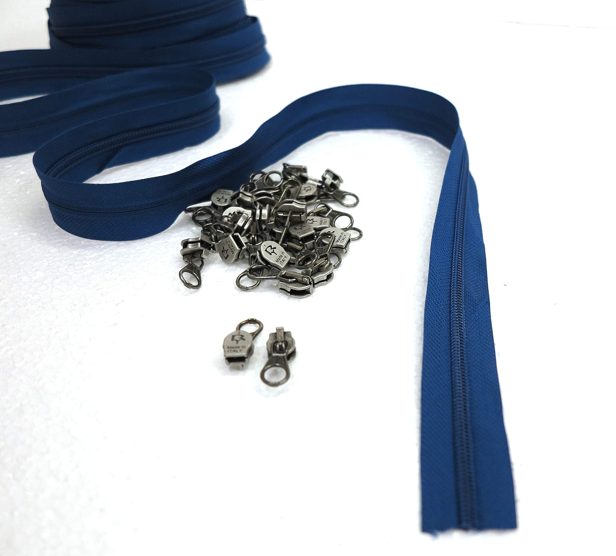 Fermeture éclair au mètre <>Nylon<>curseurs métalliques<>Gris Bleu Vert<> n. 7 Longueurs<>Largeur 6 mm<>Ruban en Polyester (40 m + 120 curseurs, Bleu)