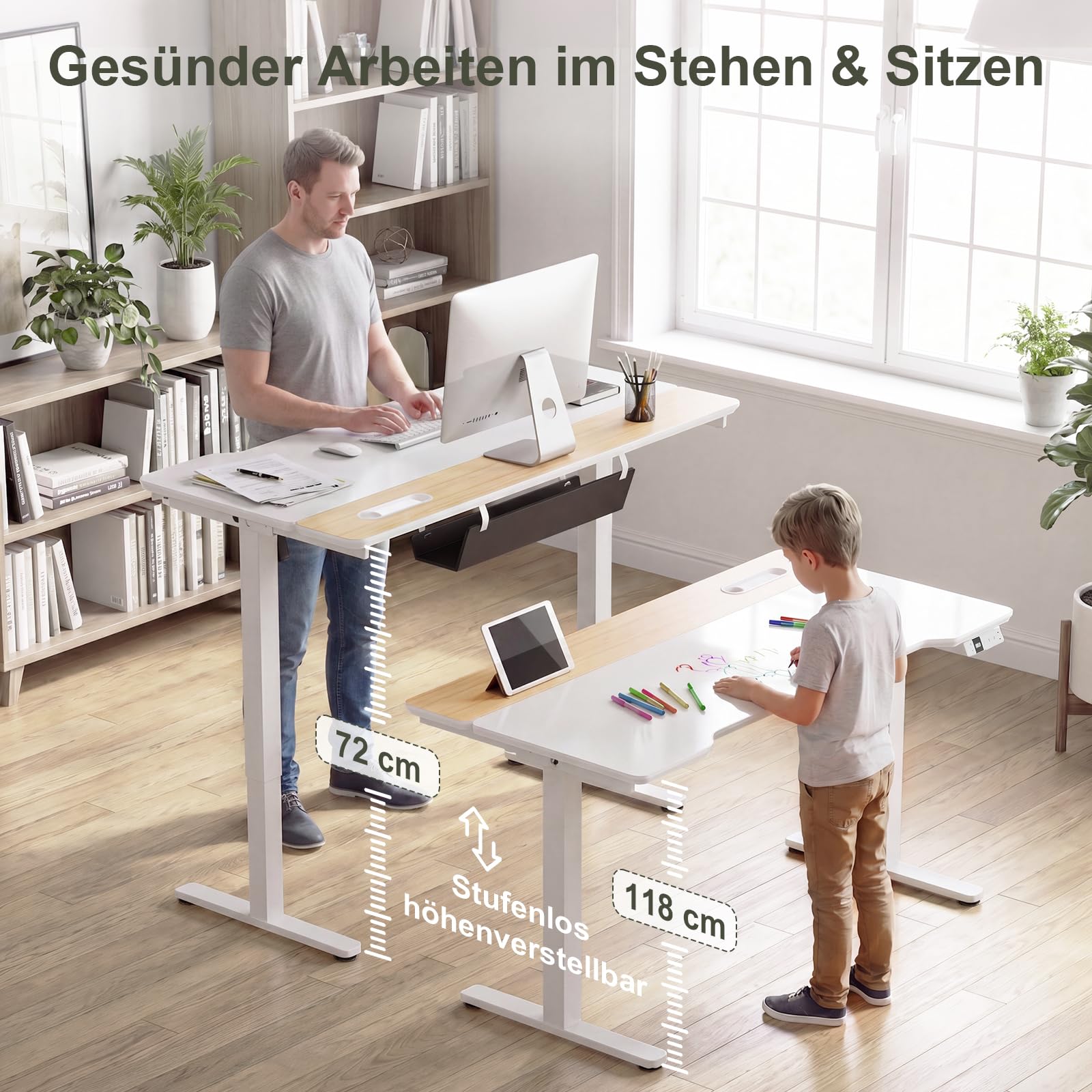 Devoko Höhenverstellbarer Schreibtisch Glas 140x70cm,Elektrischer Schreibtisch mit beschreibbarer Glasoberfläche, 72-118 cm Sitz-Steh Tisch mit 3 Höhenspeichern, USB, Kabelmanagement für Homeoffice