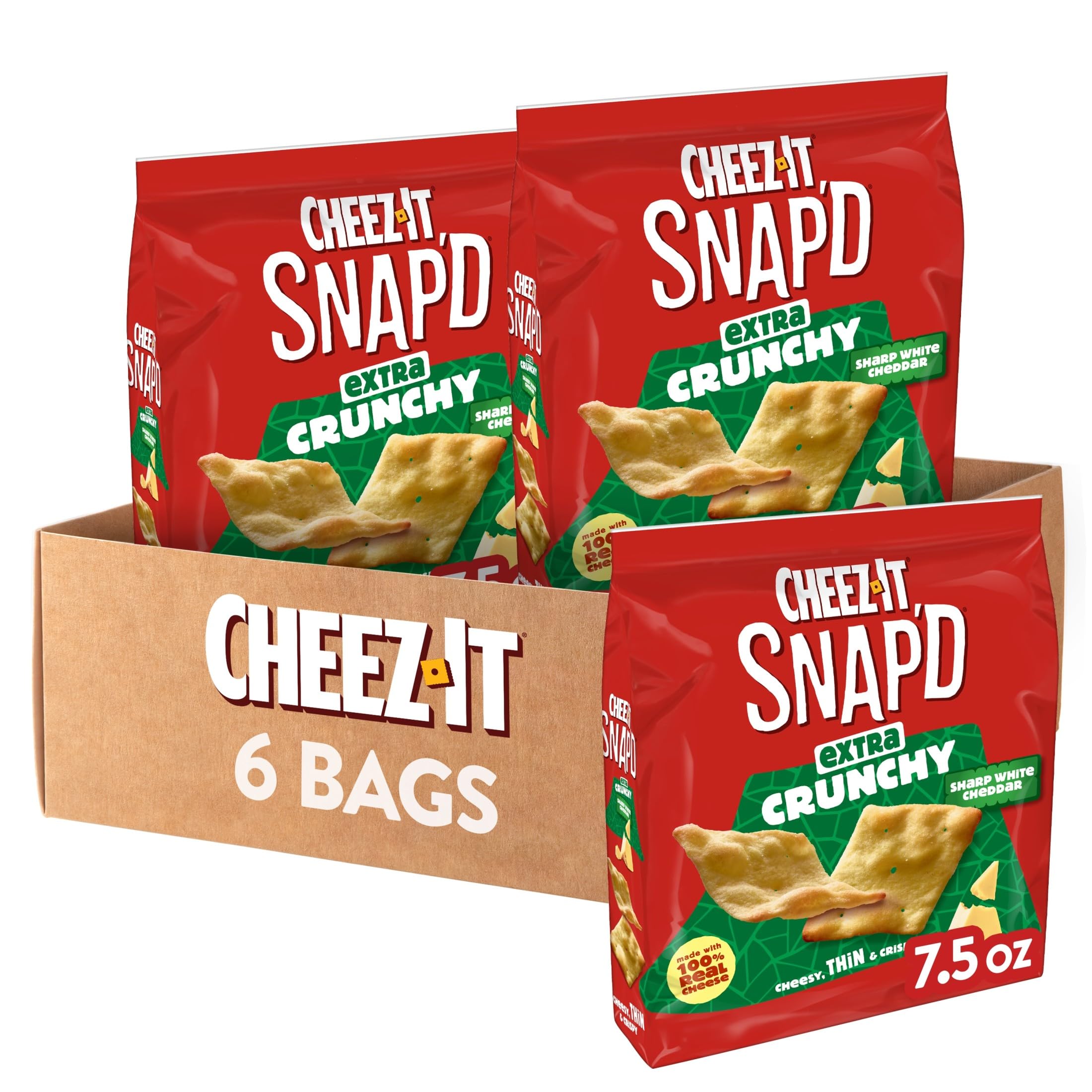 Cheez-It Snap'd Cheese Cracker Chips, Thin Crisps, Extra Crunchy, Sharp White Cheddar (6 Bags)