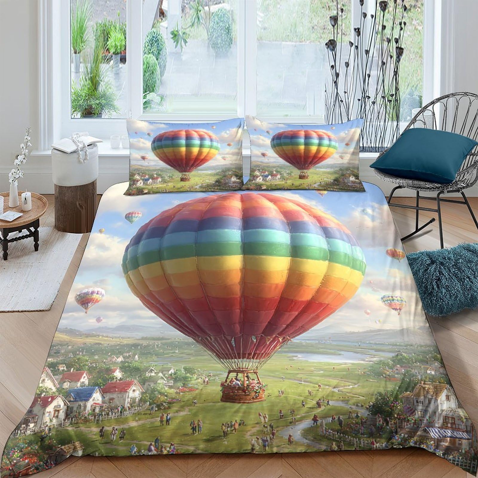 Ctjqhvkz Style-6 3D Printed Hot Air Balloon Fitted Sheet Microfiber Scenic Landscape Mattress Cover, Anti-Slip, Easy Care, Home Decor Single（135X200cm）
