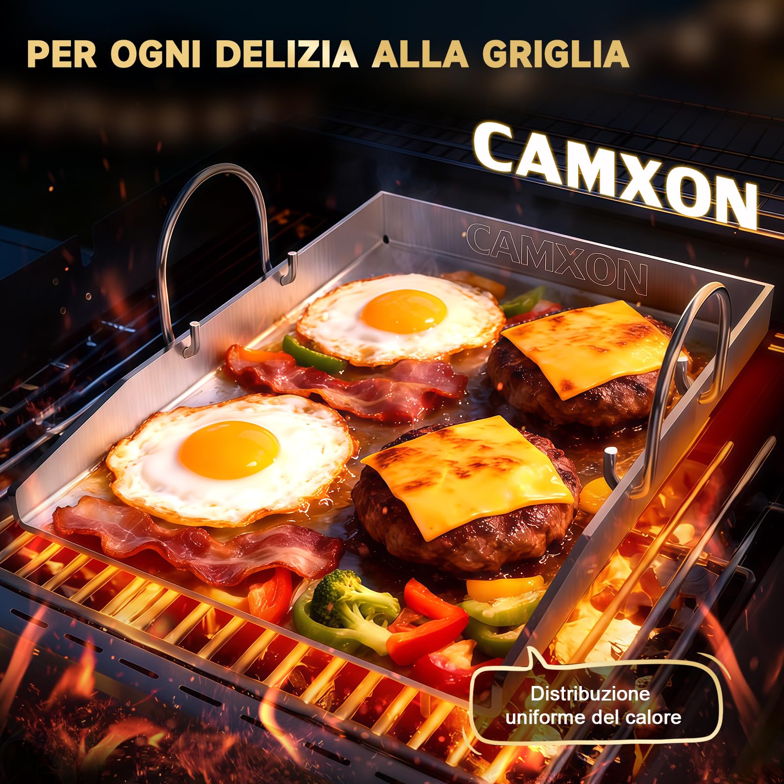 Piastra universale in acciaio inox, 40,5 x 31 cm, spessa 4 mm | Con scarico del grasso, lavabile in lavastoviglie, adatto per barbecue a gas e barbecue a carbone