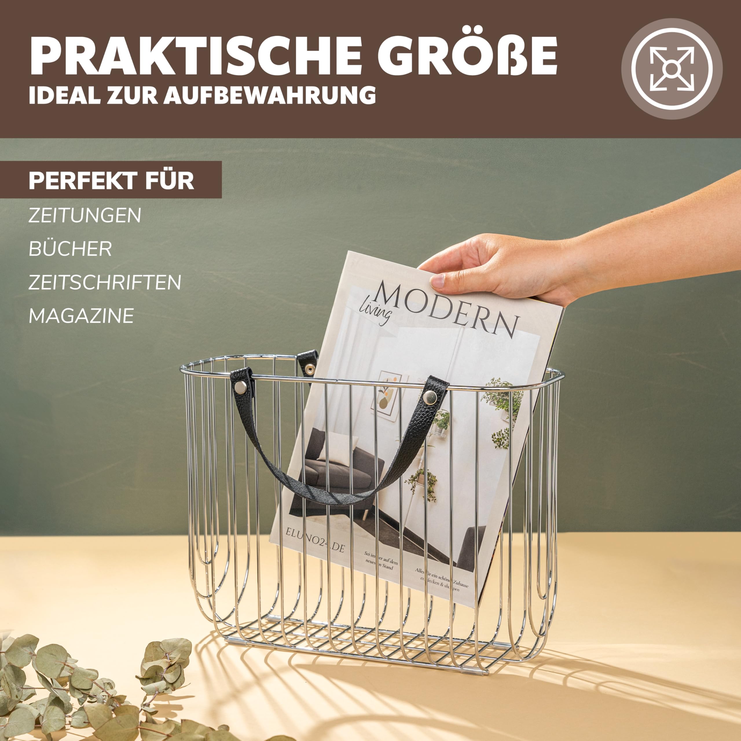 eluno Zeitungsständer aus Metall mit Tragegriffen aus Leder, ca. 36 x 26,5 x 15,5 (B/H/T) (Silber)