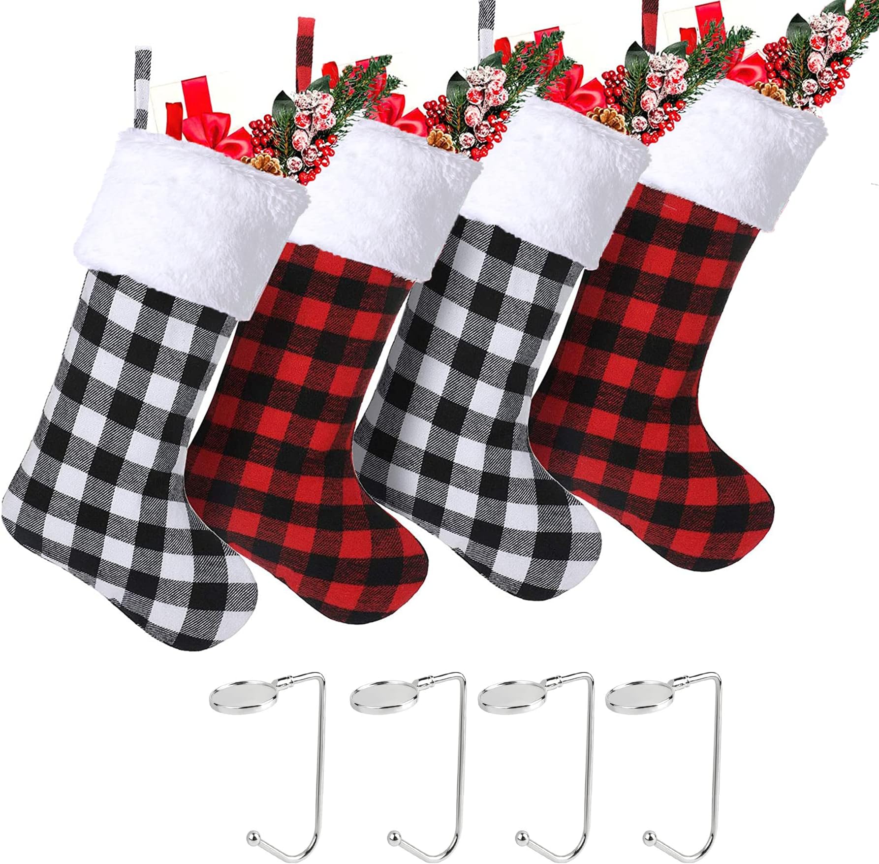 Christmas Stockings Set of 4 Pack, 19 Inch Buffalo Plaid Christmas Stockings, Farmhouse Family Fireplace Xmas Stocking Decorations, Holiday Black White and Red Christmas Decorations