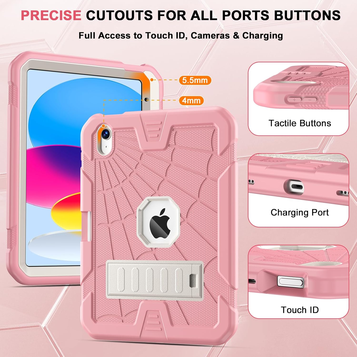 SIBEITU iPad 11th A16 2025/ 10th Generation Case for Kids Girls, Shockproof Rugged iPad 10th 10.9 Inch Case 2022 with Kickstand & Pencil Holder, 3-Layer Protective Cute 10 Gen Cover for Women, Pink - Image 6