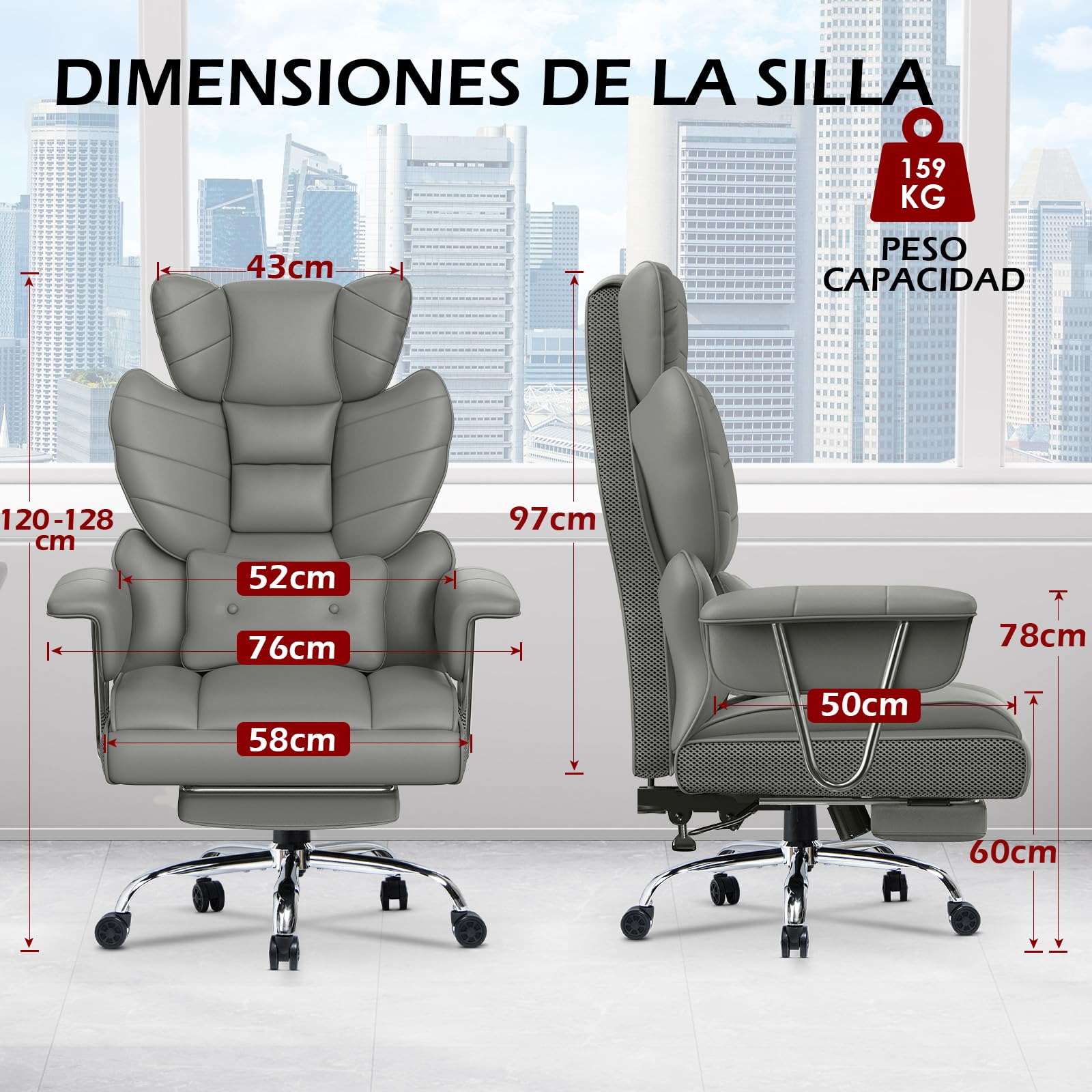 Racingreat Silla de Escritorio ergonómica con reposapiés Extensible,Silla de Oficina Ajustable en Altura,Respaldo Blando Grande,Apoyo Lumbar Individual,Silla de Oficina en Cuero de PU,Gris