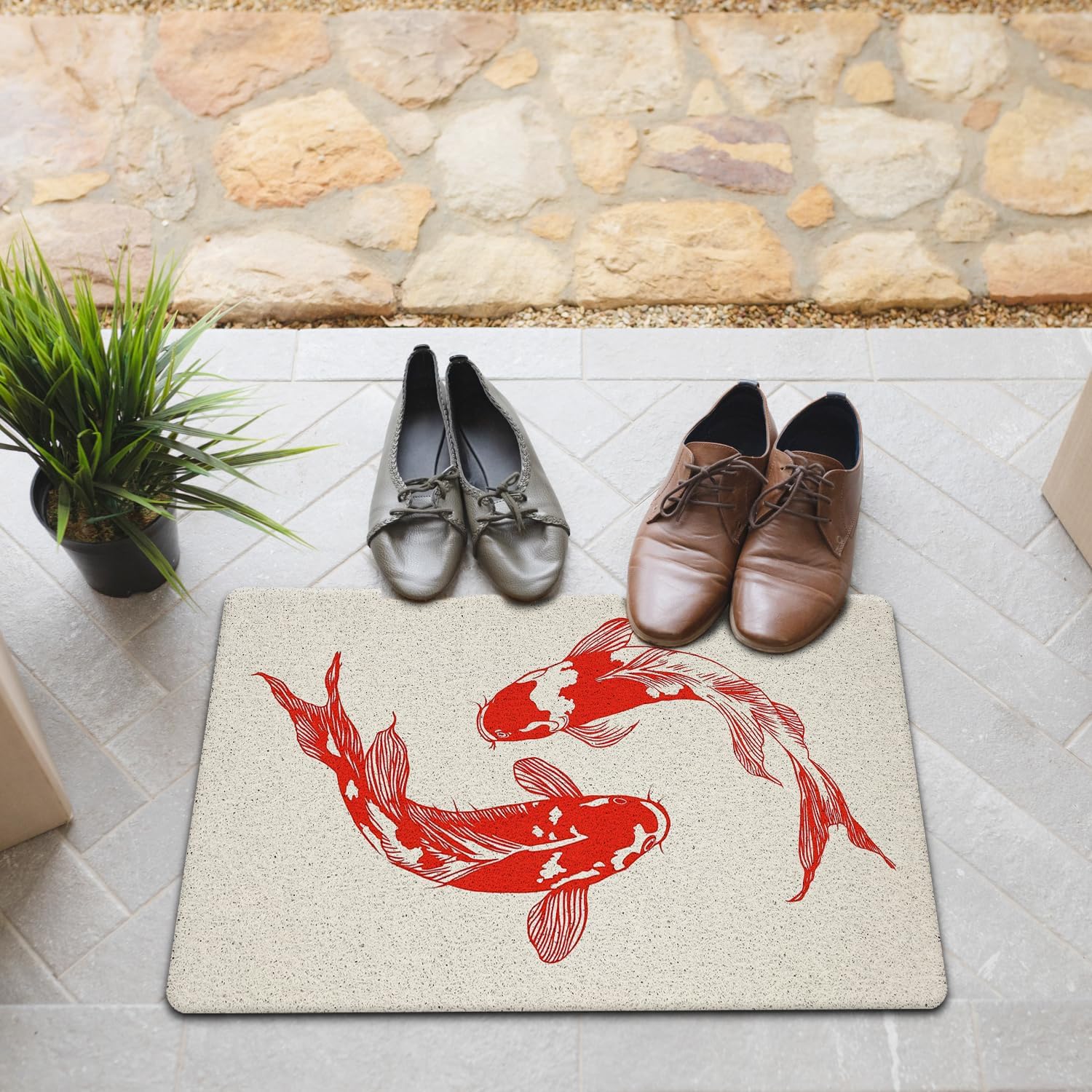 JINYO Japanese Red Koi Doormat, Oriental Asian Lucky Red Fish Welcome Doormat for Front Door Porch Indoor Outside Entrance Entryway, Koi Fish Bathroom Rug, 17x30 Inch