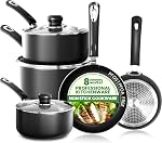 KICHLY Ensemble de pots et de casseroles Non Stick 5pcs Ensemble de cuisson, poêles à induction 20cm, 28cm, Saucepan avec Lids 20cm, 18cm, Sauce-pan non à induction 16cm, Lave-vaisselle et set de coffre-fort de four, noir