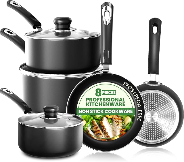 KICHLY Ensemble de pots et de casseroles Non Stick 5pcs Ensemble de cuisson, poêles à induction 20cm, 28cm, Saucepan avec Lids 20cm, 18cm, Sauce-pan non à induction 16cm, Lave-vaisselle et set de coffre-fort de four, noir