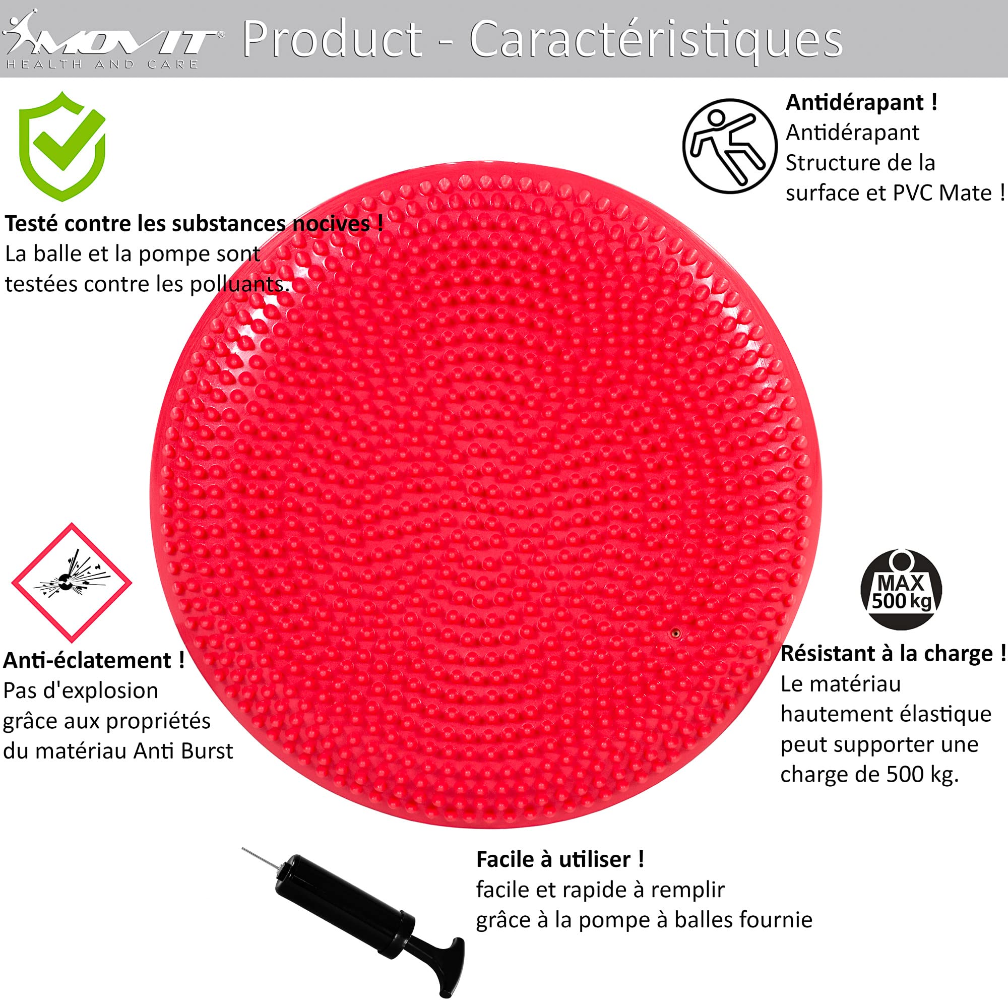 MOVIT Coussin d'assise à Balle Dynamic Seat avec Pompe, 33 cm ou 38 cm, Choix de Couleur, Coussin d'air à Picots Coussin d'équilibre