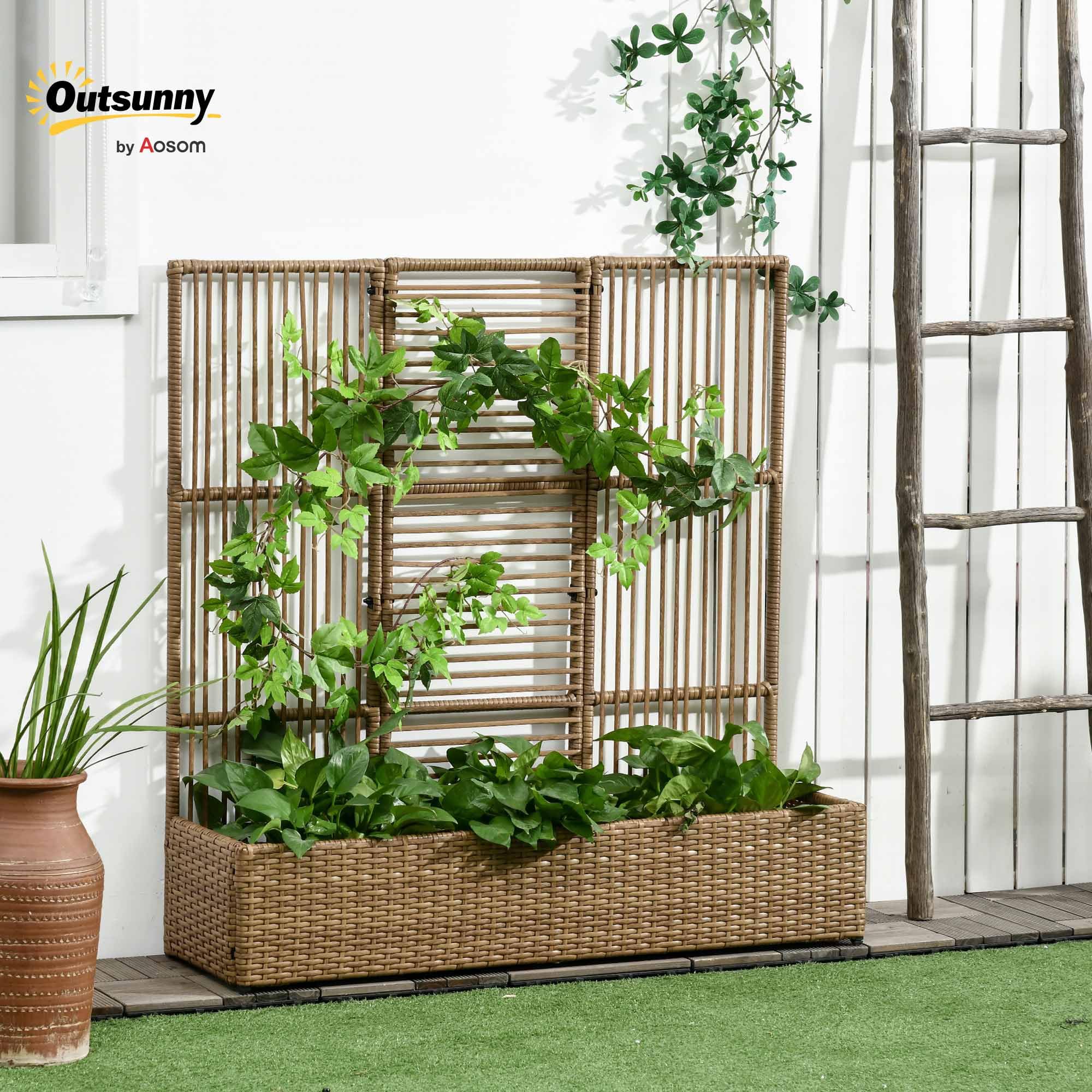 Outsunny Jardinière avec Treillis jardinière sur Pied Support pour Plantes avec Treillis bac à Fleurs rectangulaire en résine tressée PE et Acier dim. 103L x 29l x 103H cm Marron