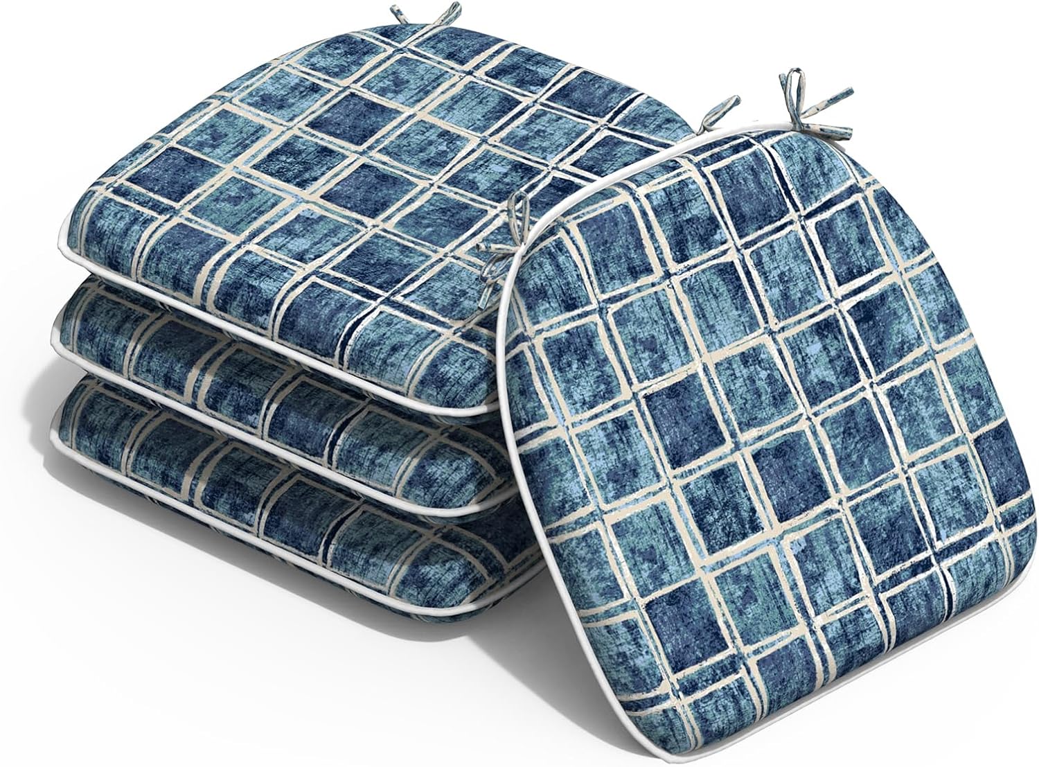 Outdoor Chair Cushions Set of 4, Water Resistant Patio Chair Pads with Ties, Seat Cushions for Home Garden Furniture Decoration, 16"x17",Denim Blue Checkered