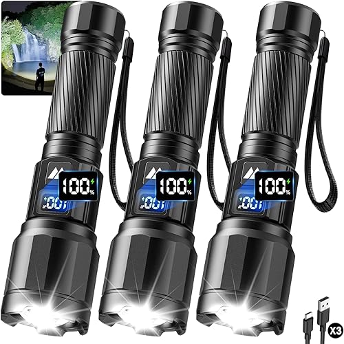 Paquete de 3 linternas recargables de alto lúmenes, linterna táctica LED súper brillante con pantalla de alimentación LCD, linternas con zoom de 15