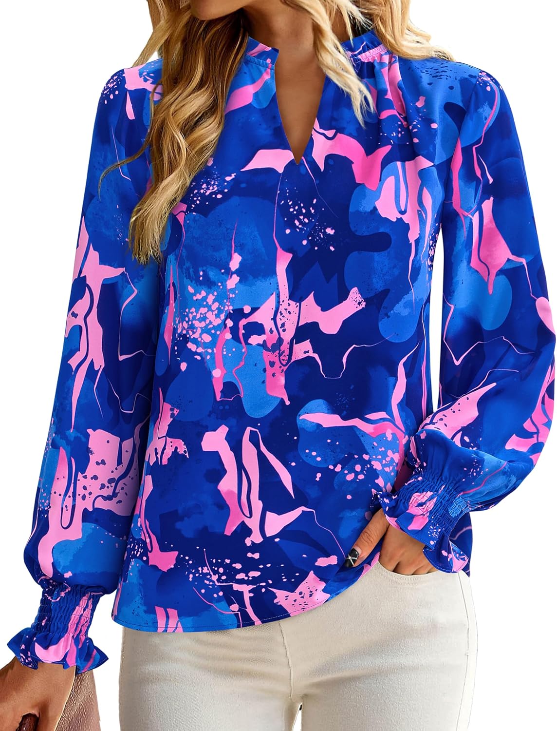 MASCOMODA Womens V Neck Floral Long Sleeve Tops 2026 Summer Casual Loose Puff Sleeve Chiffon Boho Work Blouse Dressy T Shirts - Image 5