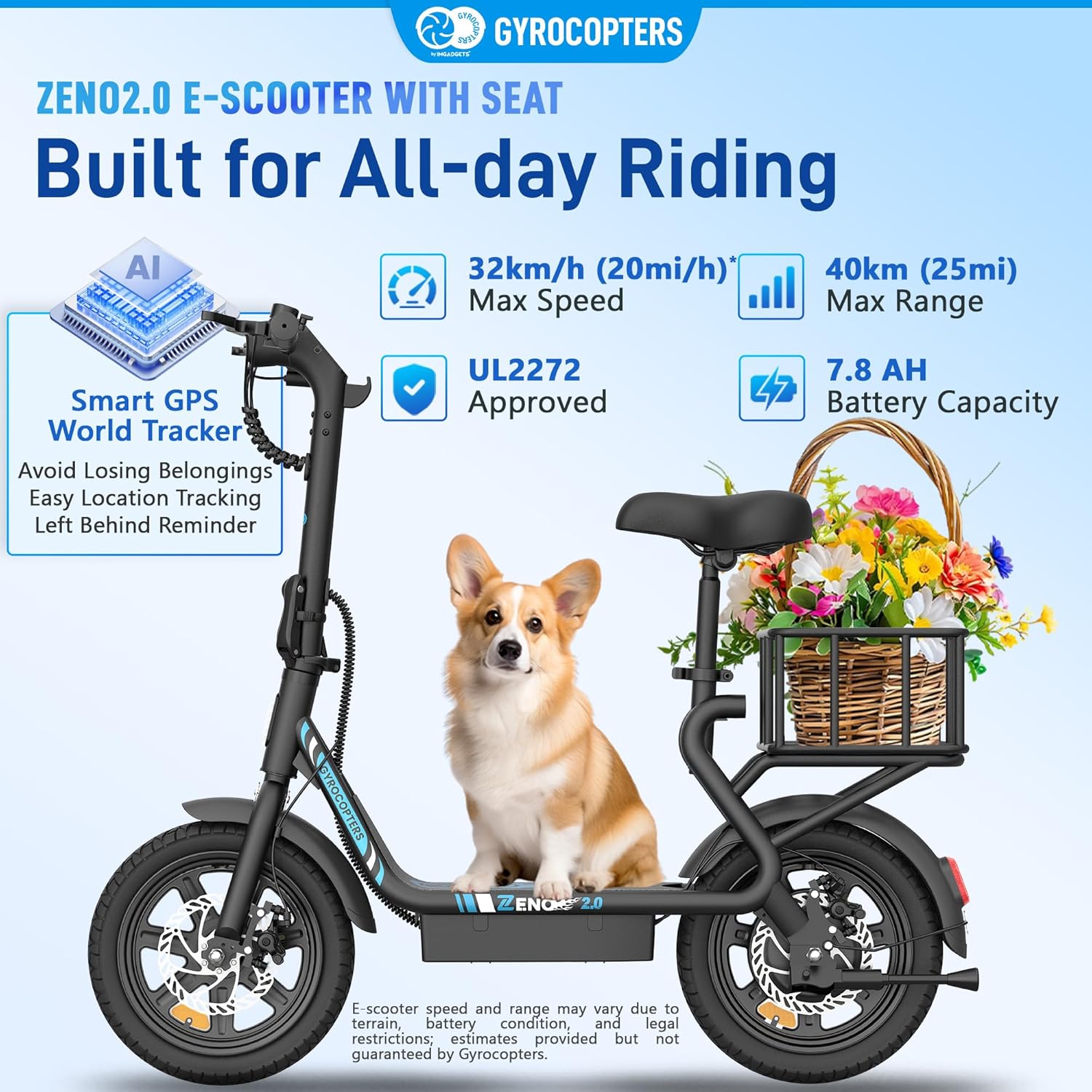 Gyrocopters Zeno2.0 Electric Scooter with key features highlighted