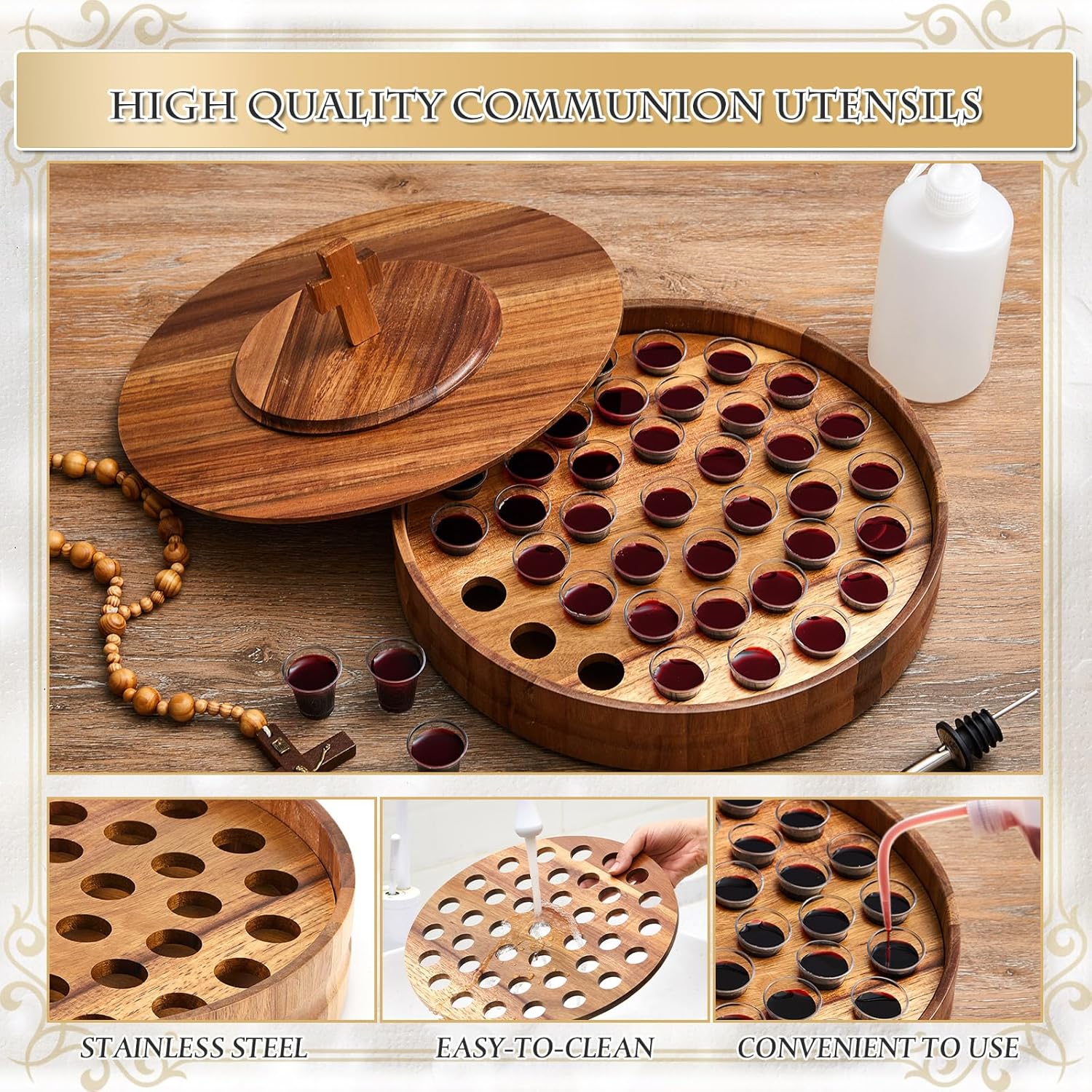 Zhehao 1 Set Wood Communion Set Holy Communion Trays for Churches with Lid Churches Cup Fillers and 100 Disposable Cups (Acacia Wood Style)