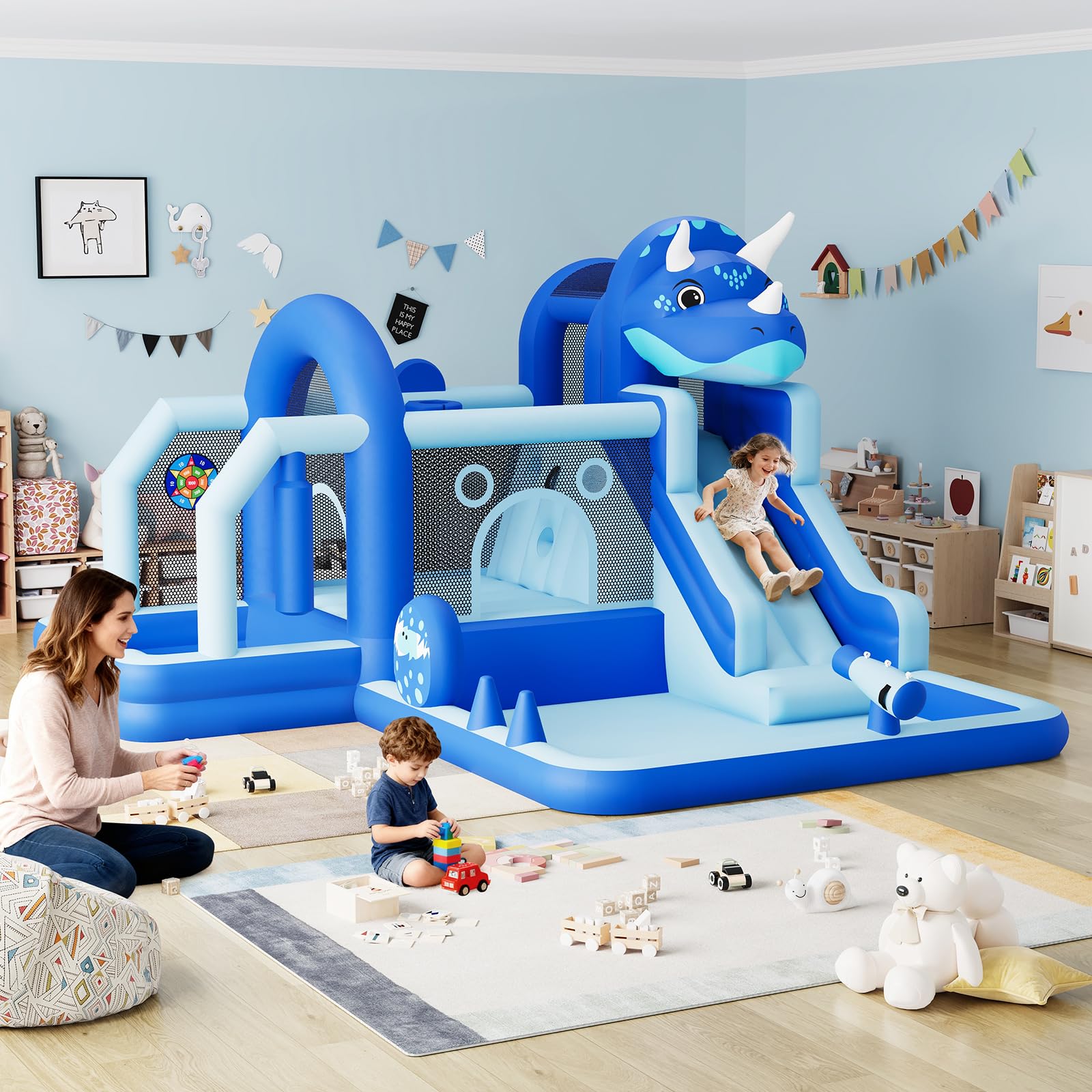 Château Gonflable Structure Dinosaure en Tissu Oxford, Jeux Gonflable Enfant Exterieur, avec Souffleur, Trampoline, Toboggan, Mur d'escalade, Aire De Jeux, pour 3-10 Ans, Capacité 113 kg, Bleu