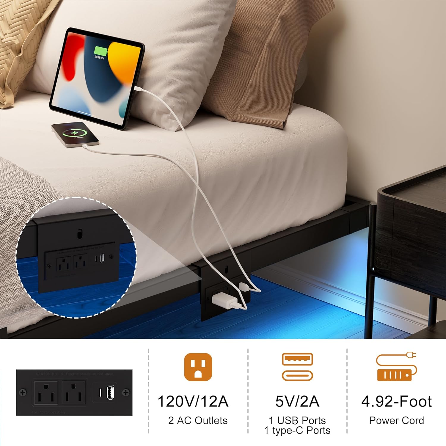 HAUSOURCE Floating Bed Frame Full Size with Charging Station and LED Lights 10in High Full Double Floating Bed Frame Metal Platform No Boxing Spring Needed Noise Free - Image 6