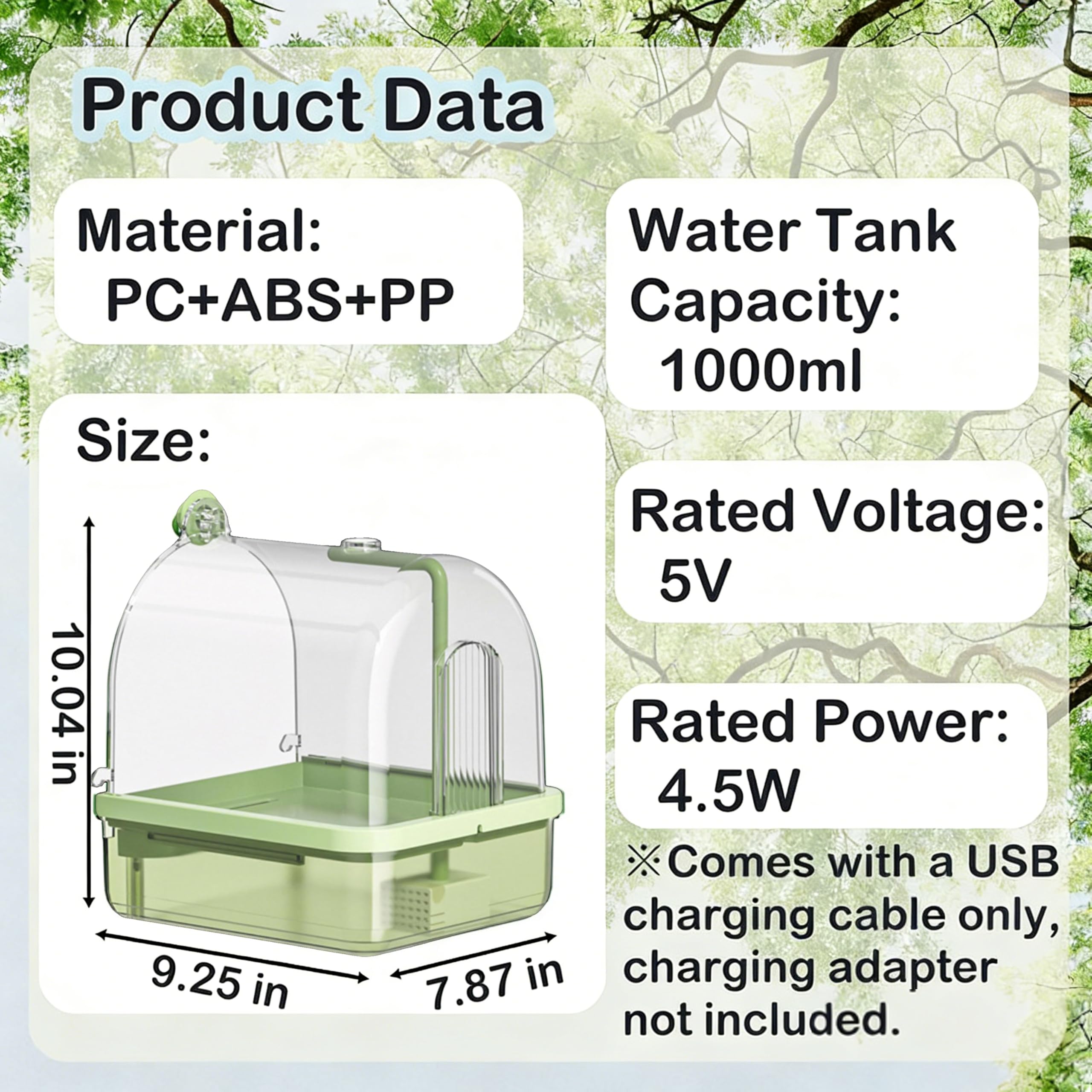 Bird Bath for Cage Parakeets, Indoor Cockatiel Bathtub Shower with Pump, Parrots Shower Accessories for Birdcage, Parrot Bathtub with Shower Running Water for Finches, Canaries, Lovebirds (Green) - image 2